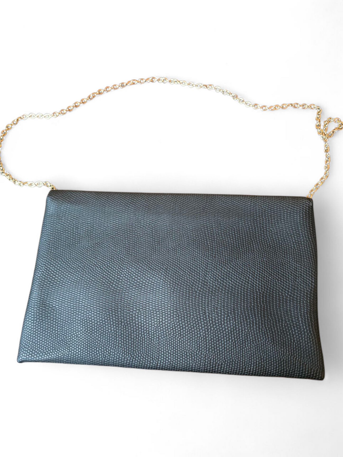 Next Black & Gold Croc Faux Leather Clutch – 26x17cm, Gold Chain Strap, Popper Close