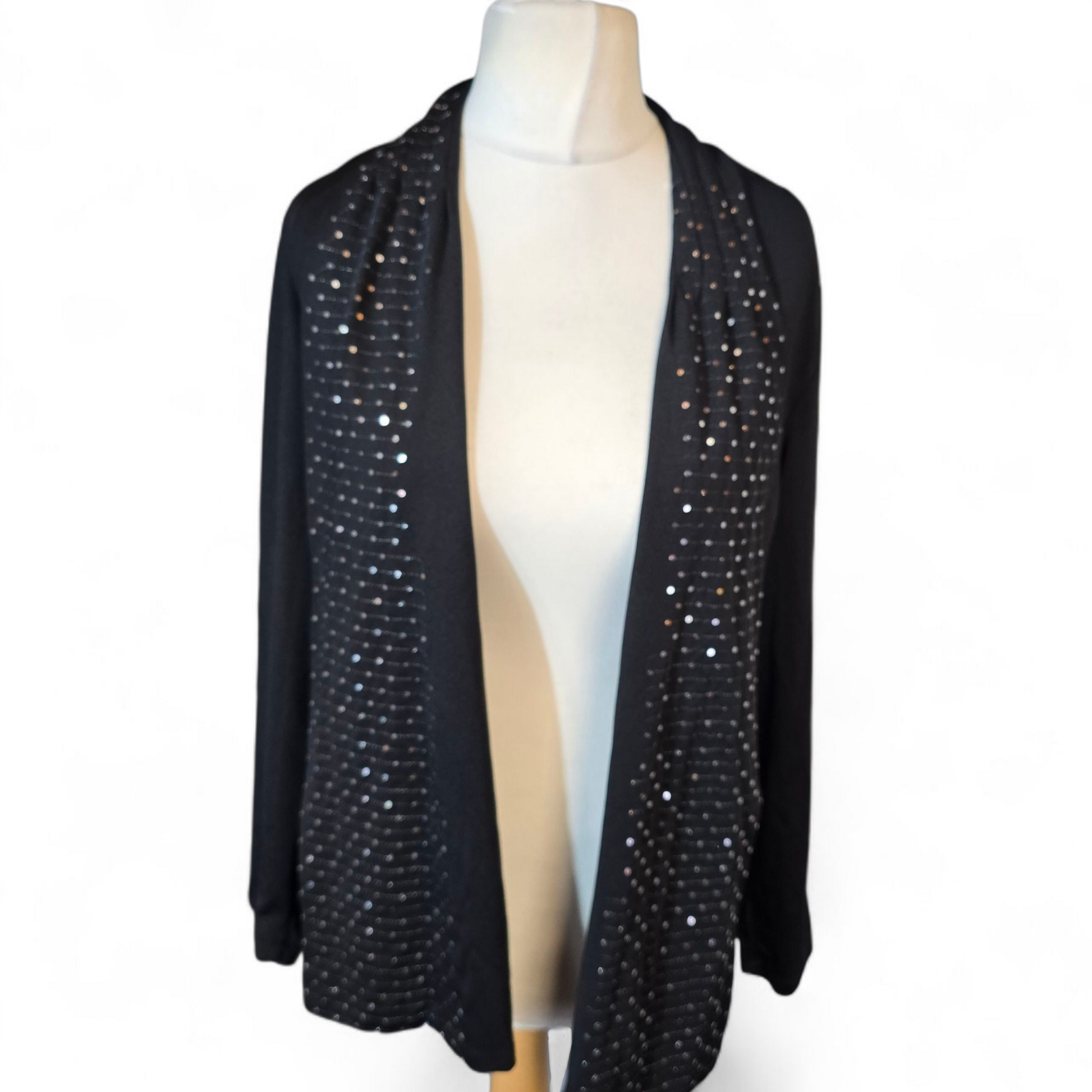Crèaline Black & Silver Sequin Cardigan – Size 14/16 – Stretchy Open Front