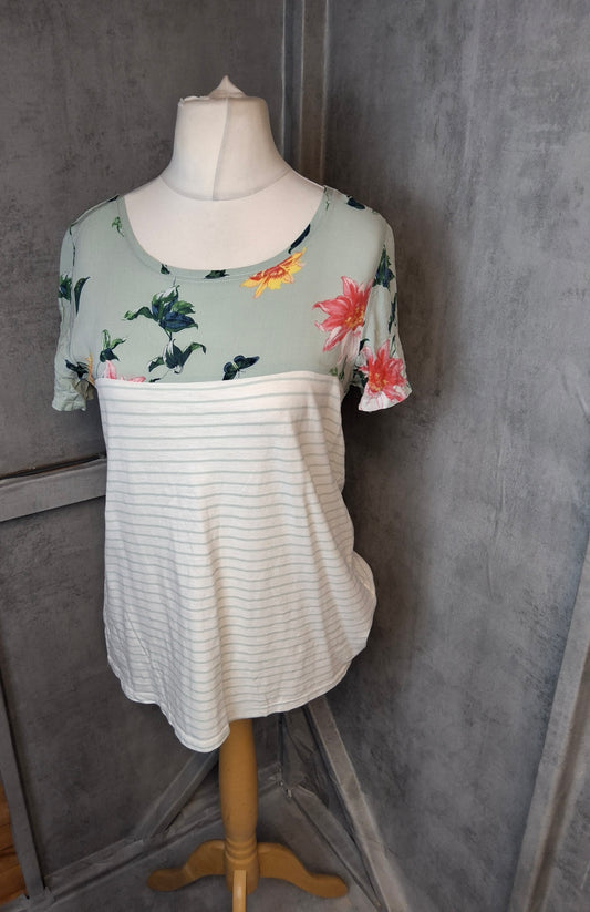 Joules Size 12 Floral Stripe T-Shirt | Short Sleeve Cotton Viscose Top | Casual Summer Everyday Tee