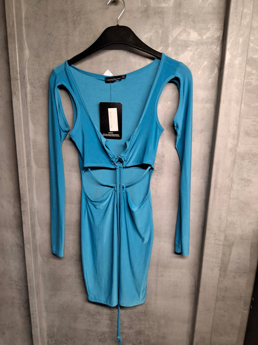PrettyLittleThing Blue Cold Shoulder Bodycon Mini Dress – Size 6 – BNWT – Tie Front Party Look 💙