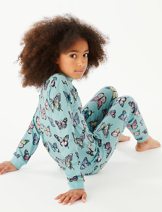 M&S Girls Green Butterfly Print Winter Pyjamas – Age 11-12 Years – Cotton