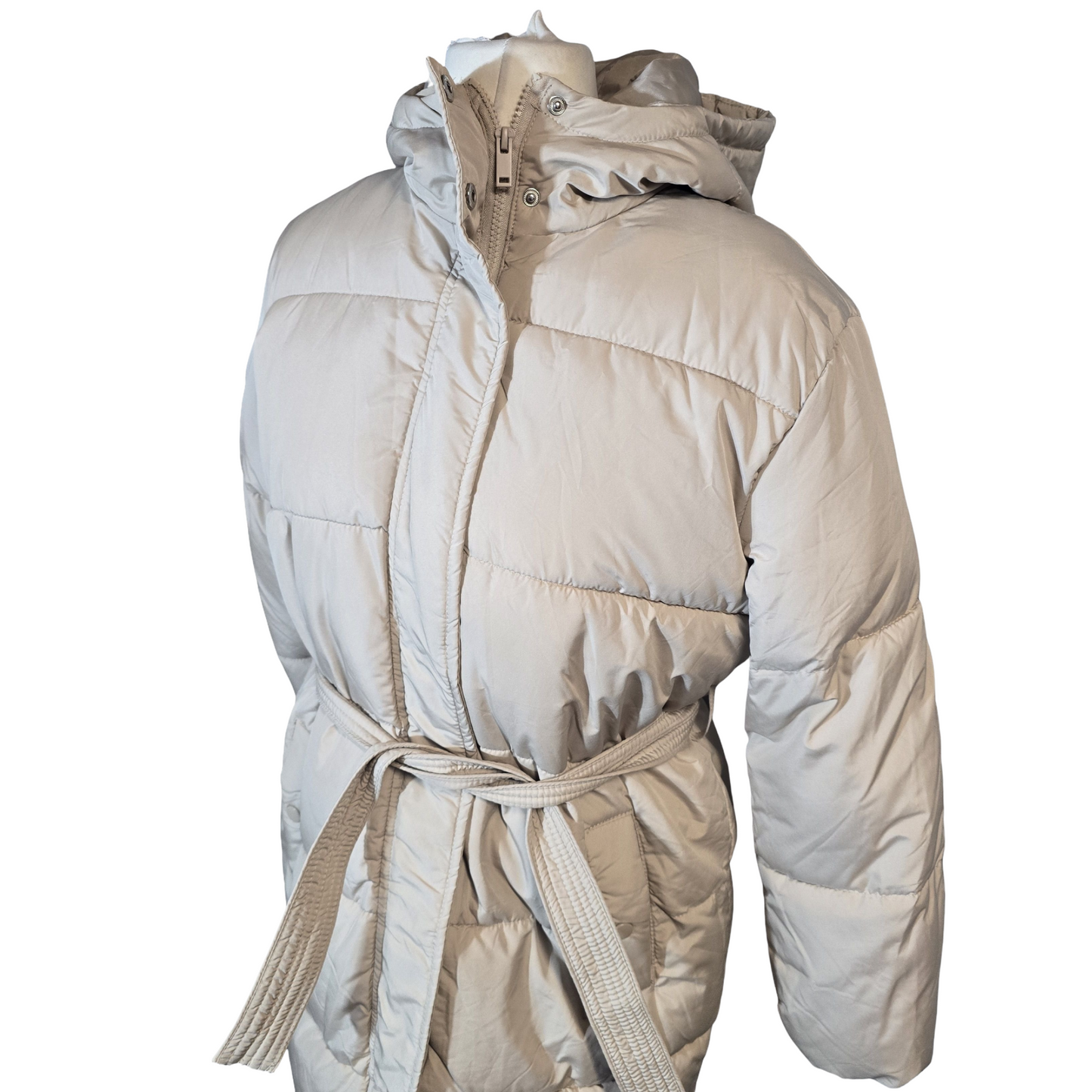 New Look Petite Cream Puffer Midi Coat – Belted, Hooded – Size 8