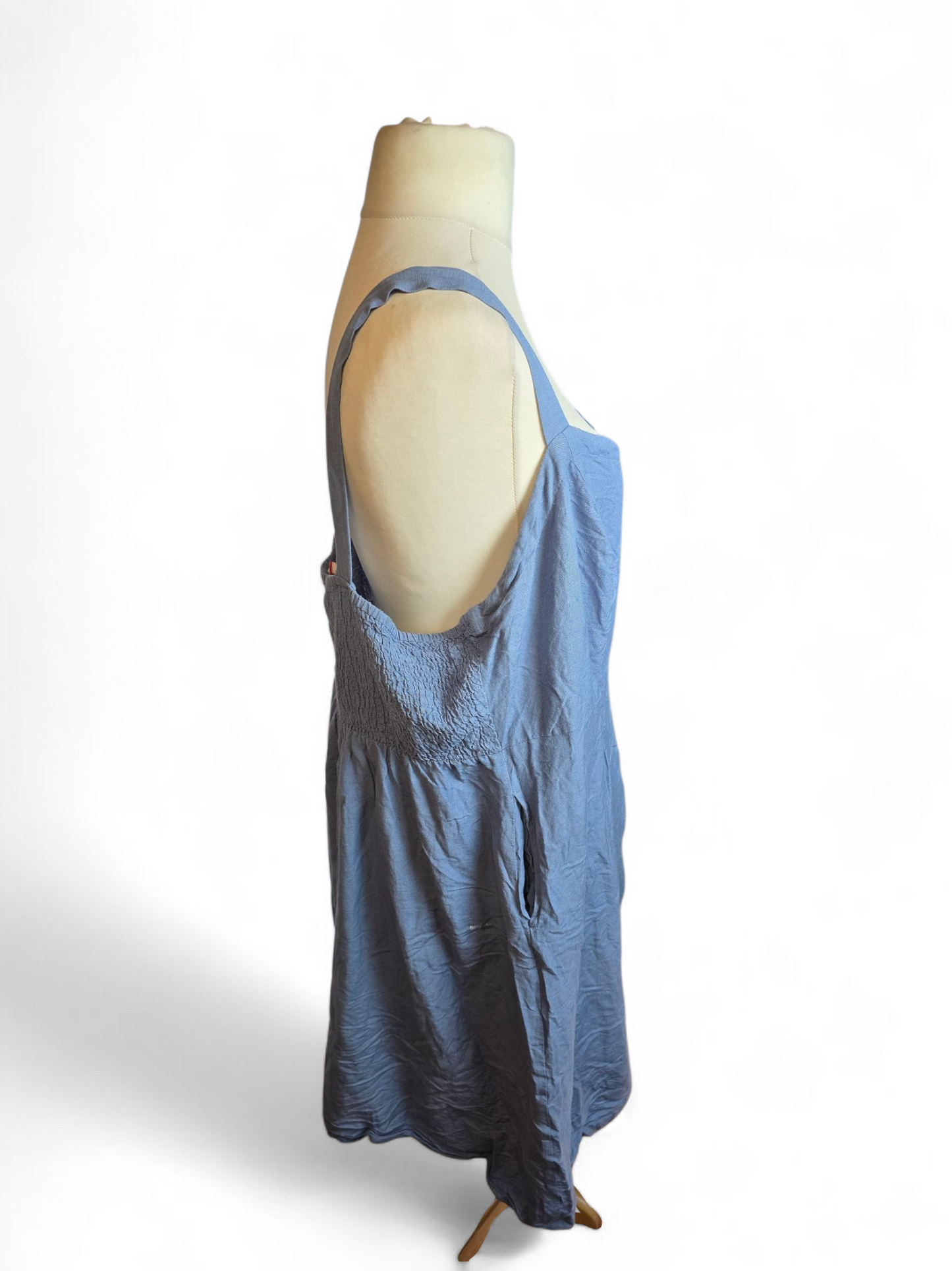 Joe Browns Denim Blue Sleeveless Dress | Wooden Buttons | Elasticated Back | Size 24 | Linen Blend | Knee Length