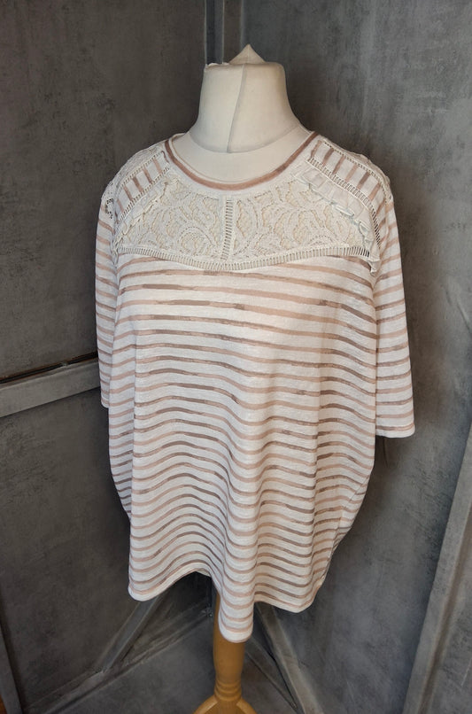 Per Una Stripe Lace Trim T-Shirt Size 22 | Plus Size Casual Cotton Blend Top