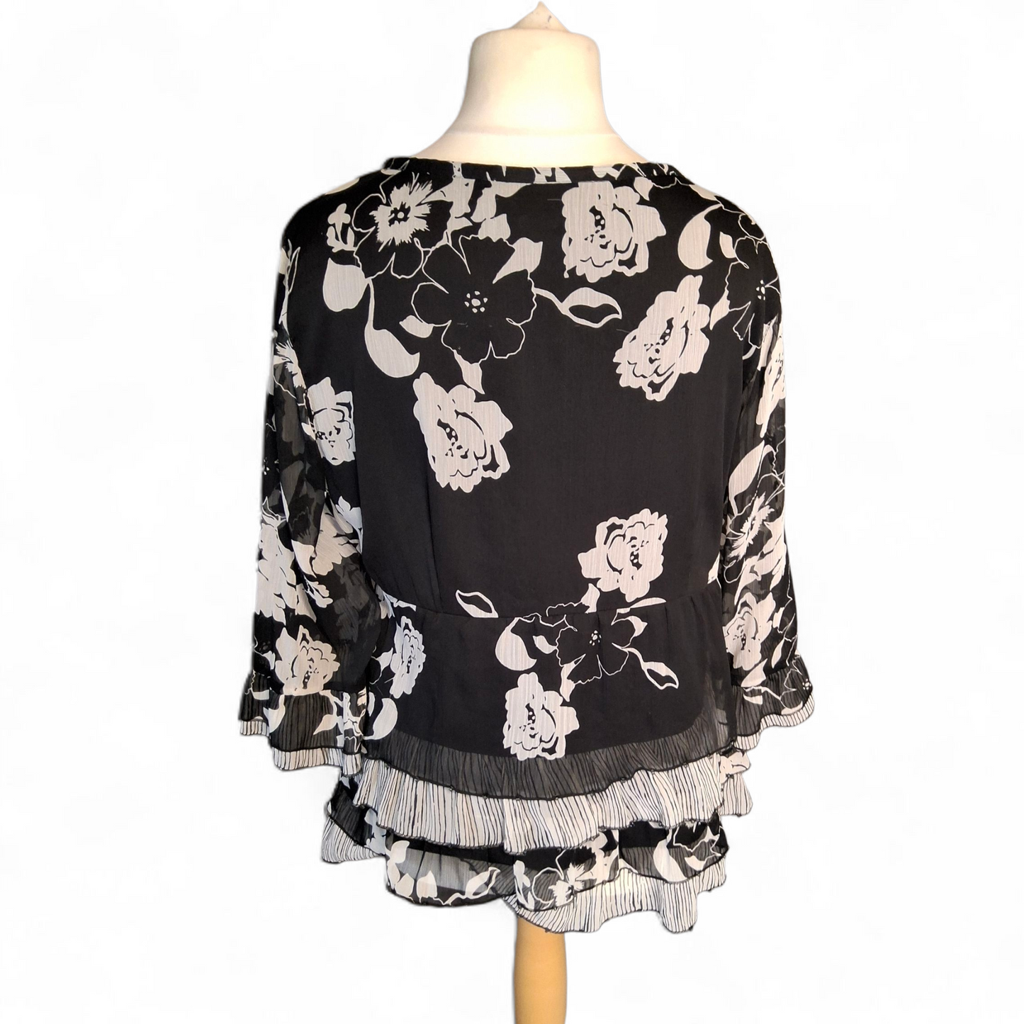 Per Una Black & White Floral Blouse – Size 16 – Sheer Sleeves & Frill Detail