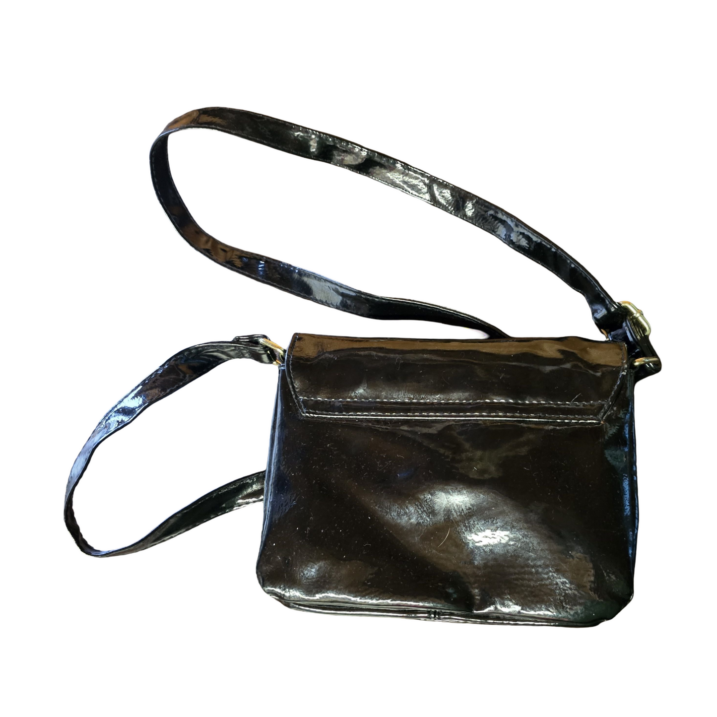 F&F Black Patent Crossbody Bag – Adjustable Strap & Clasp Shut