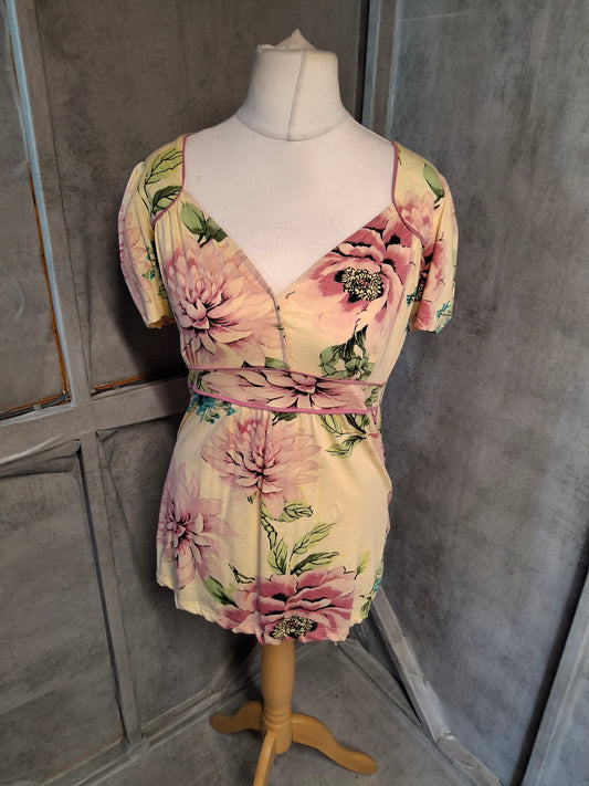 Per Una Yellow & Pink Floral Cotton T-Shirt – Size 10 – V-Neck Everyday Style