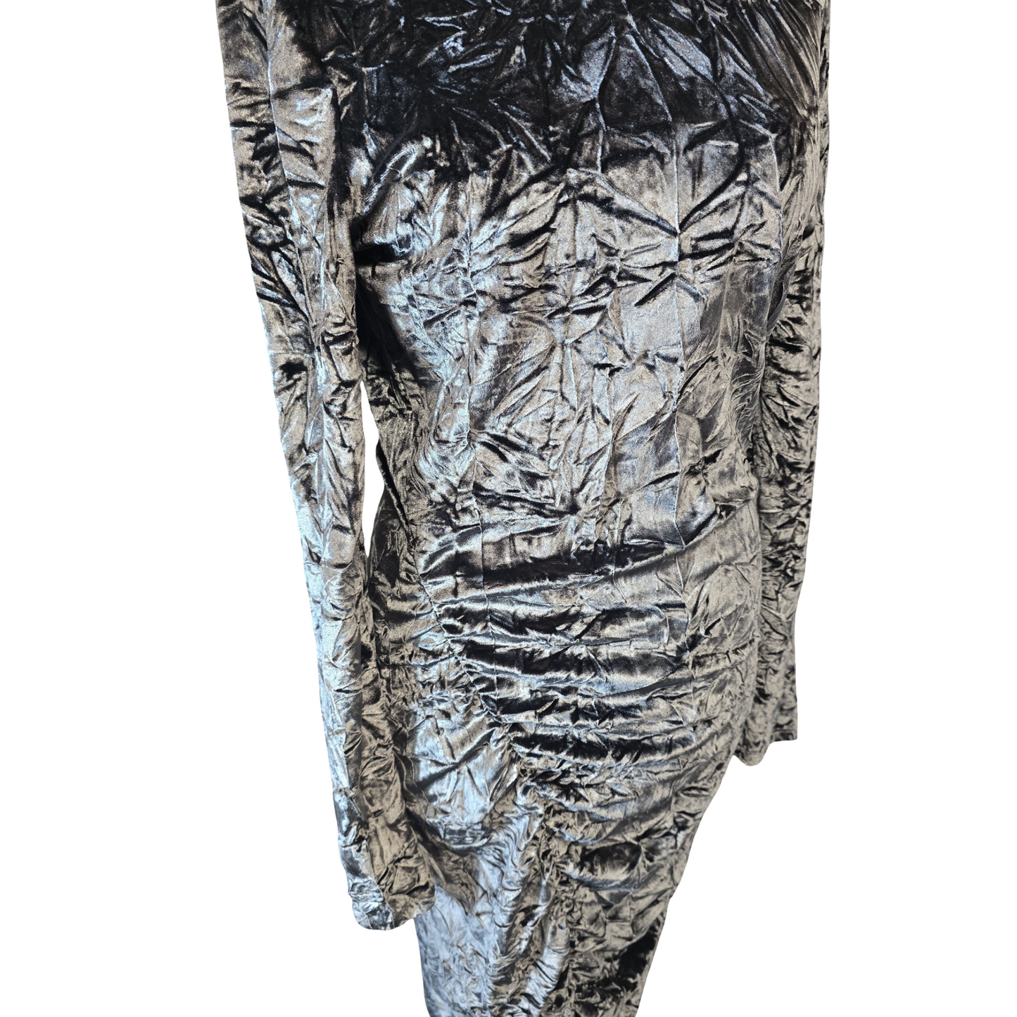 Next Charcoal Crushed Velvet Midi Dress – Ruched Long Sleeve Bodycon – Size 16