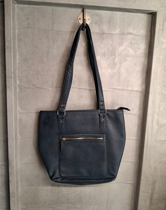 Navy Blue Faux Leather Shoulder Bag | Medium Size | Zip Closure | Everyday Tote | Isle