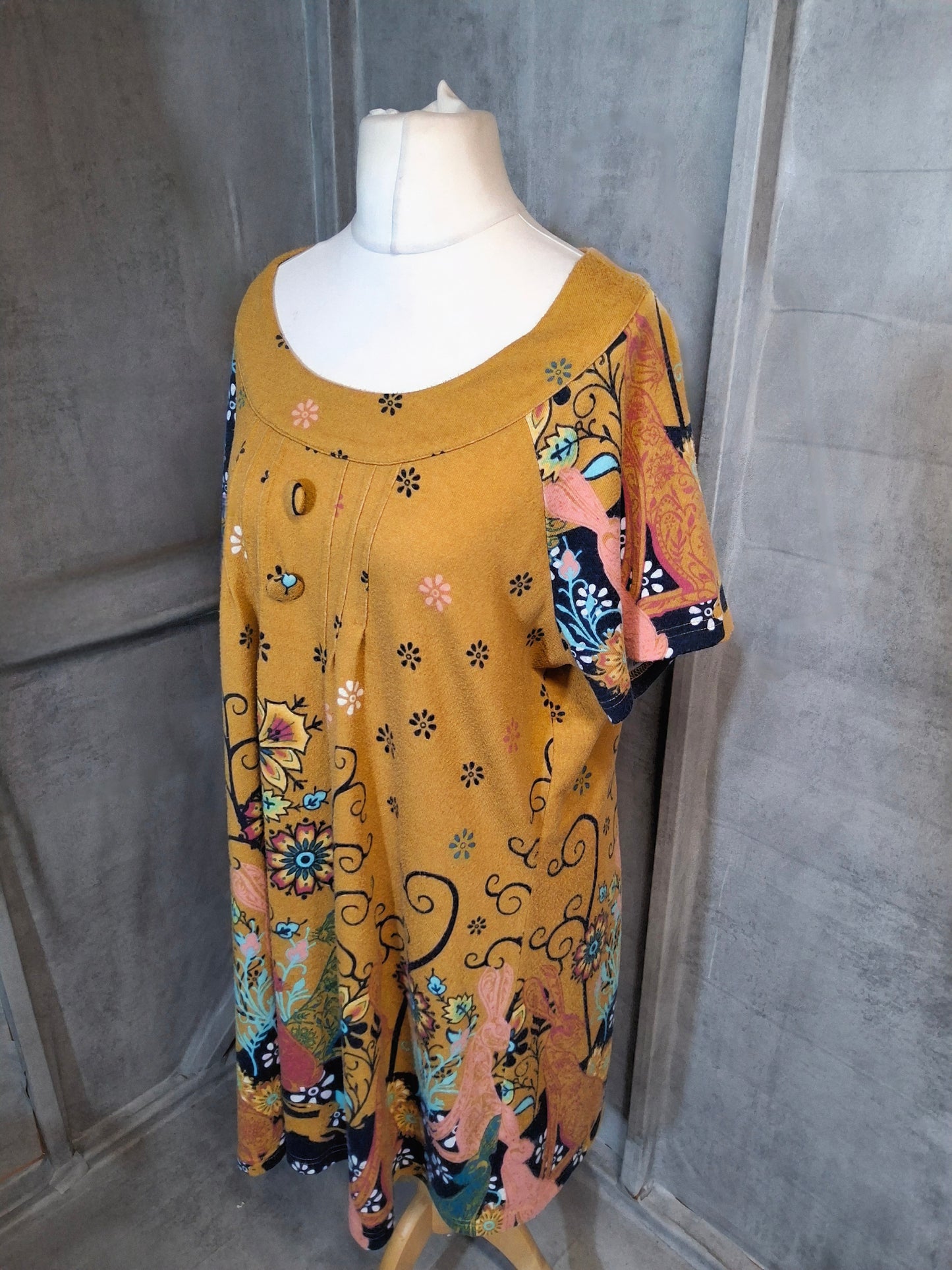 Joe Browns Mustard Yellow Printed Dress – UK 22 – Short Sleeve Knee Length