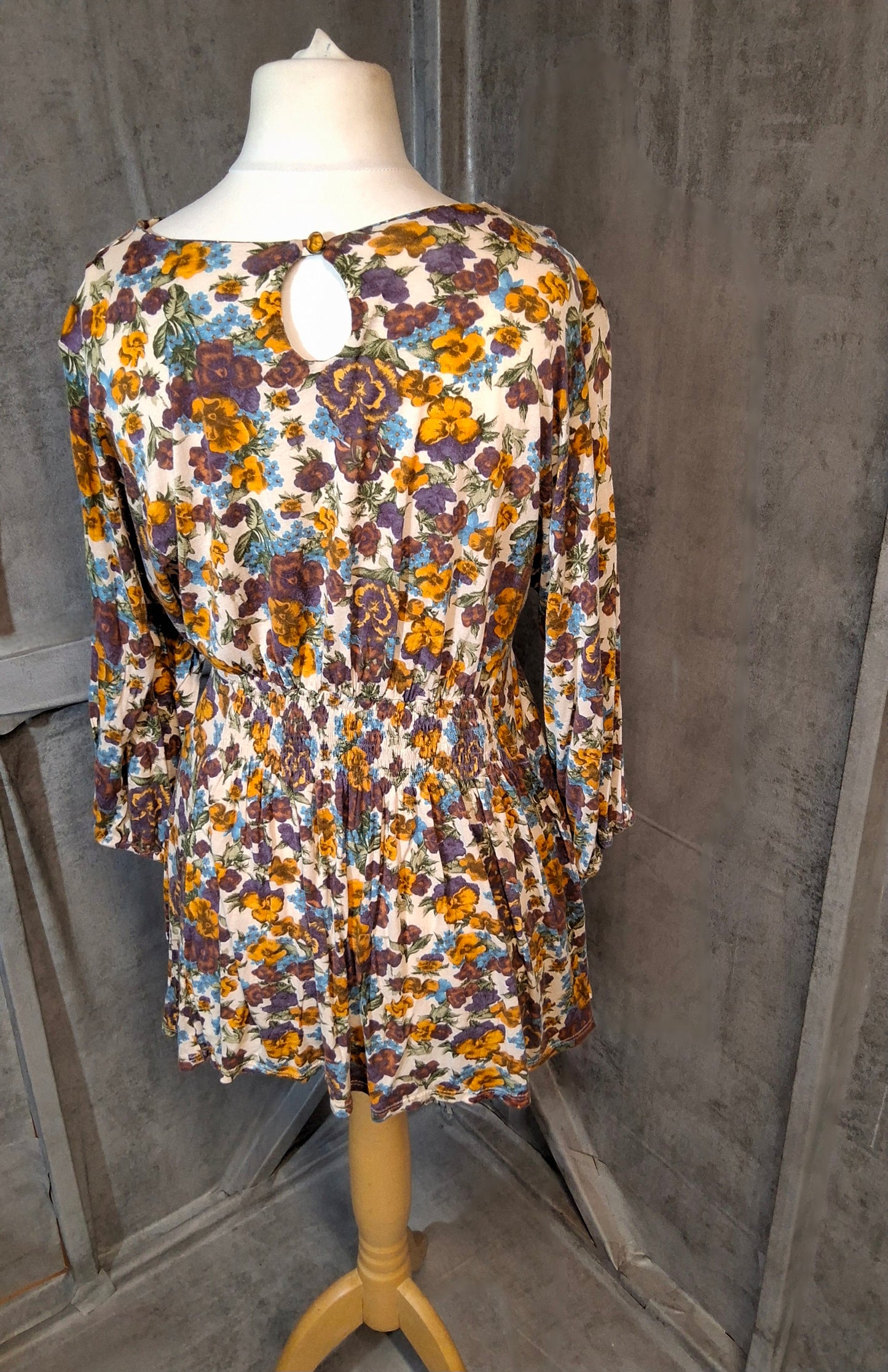 Topshop Multicoloured Floral Blouse – Elasticated Waist, ¾ Sleeve – Size 12