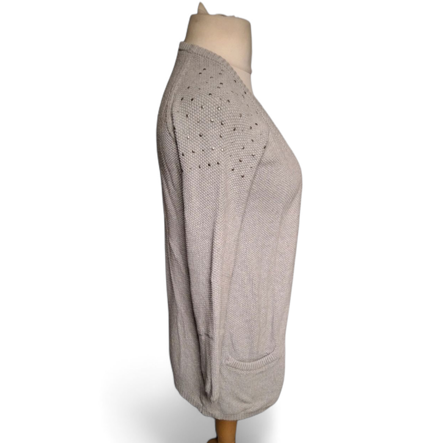 Fransa Grey Stud Shoulder Open Knit Cardigan – Size S (UK size 8/10)