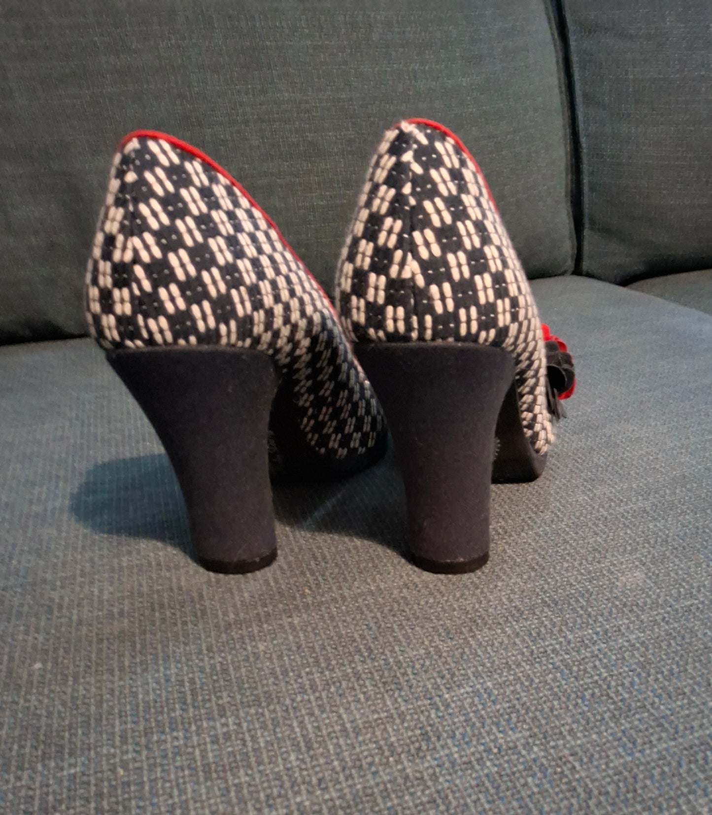 Ruby Shoo Navy White & Red Knit Design Block Heel Shoes – UK 5 – 9cm Heel