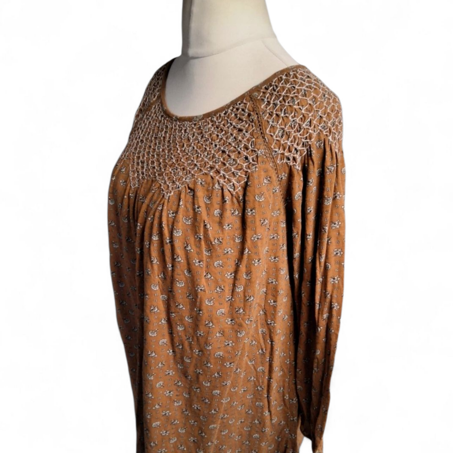 FatFace Brown Floral ¾ Sleeve Top – Size 14 – 100% Cotton