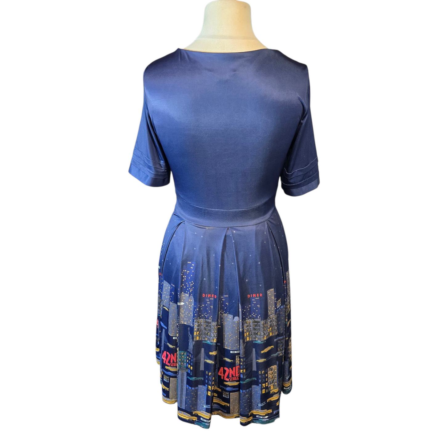 Lindy Bop Navy New York Print Midi Dress – Size 10 – Ruched Bust & Lined