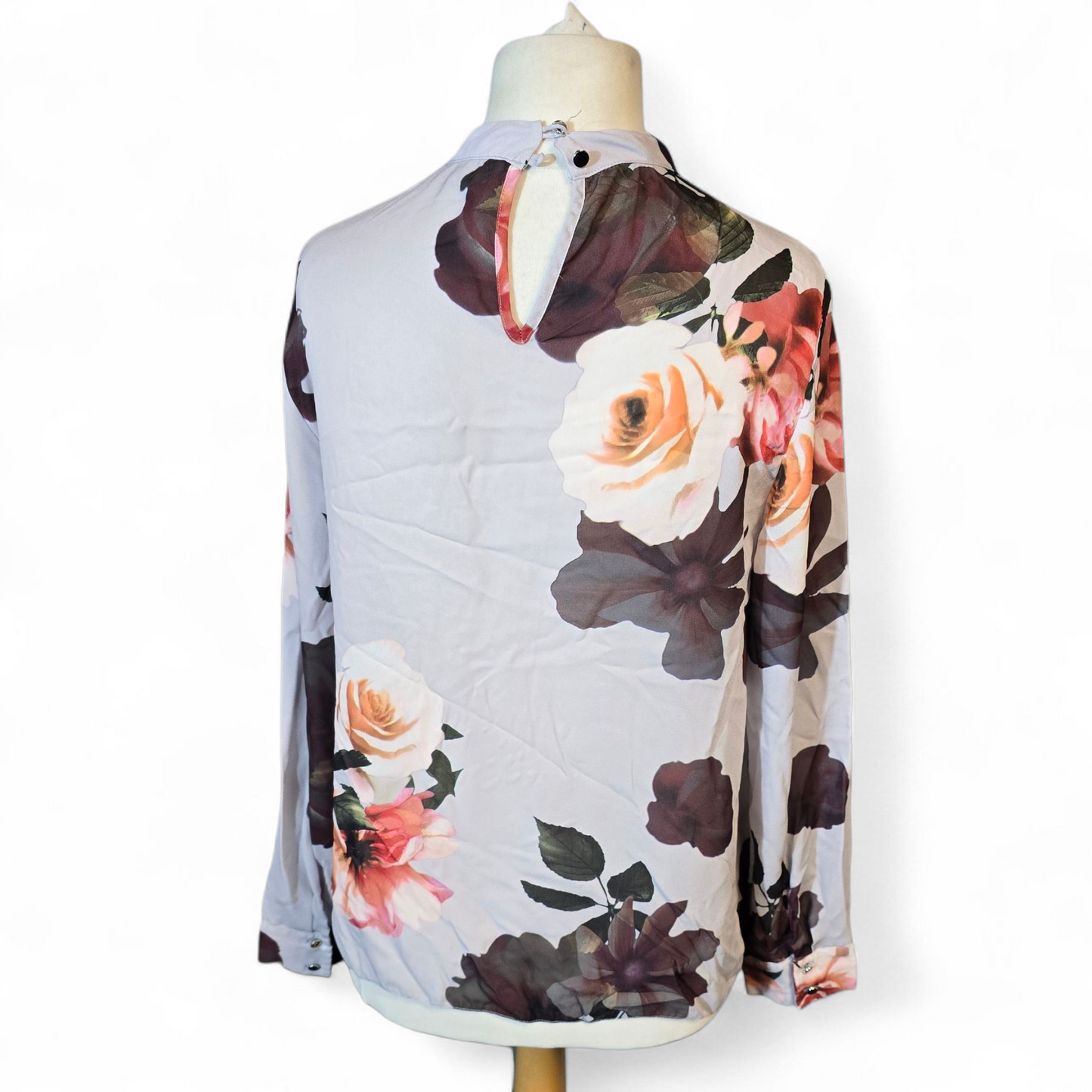 Dorothy Perkins Grey & Multicoloured Floral High Neck Sheer Blouse – Size 10