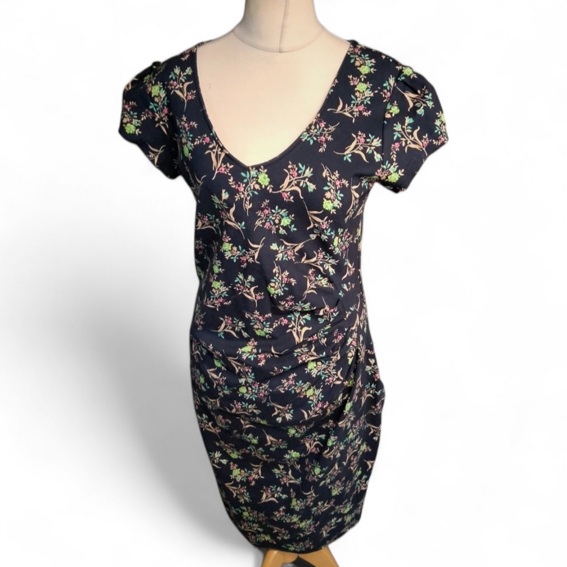 Tallgirls Navy Floral Ruched A-Line Midi Dress – Size 16 – Flattering Fit