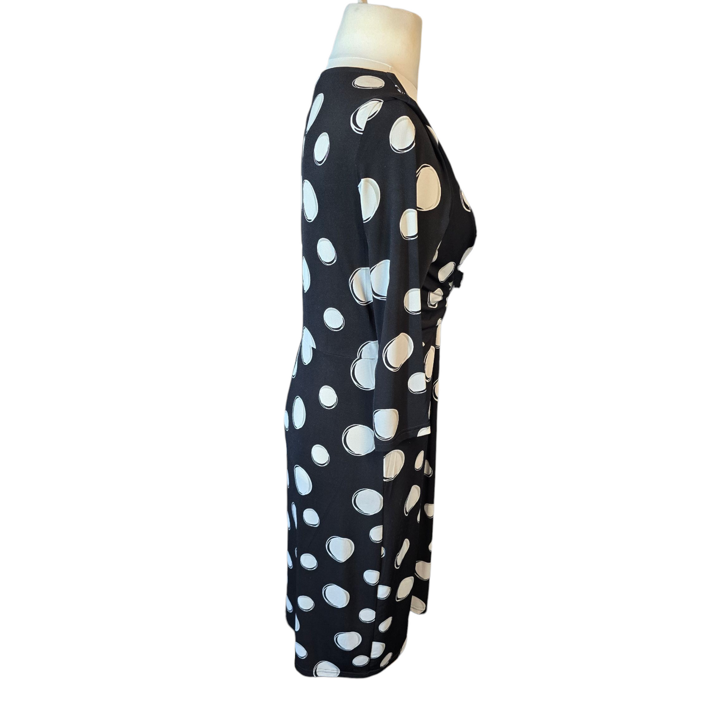 Roman Black & White Polka Dot Midi Dress – Size 12 – V-Neck – Bodycon Fit – Stretchy
