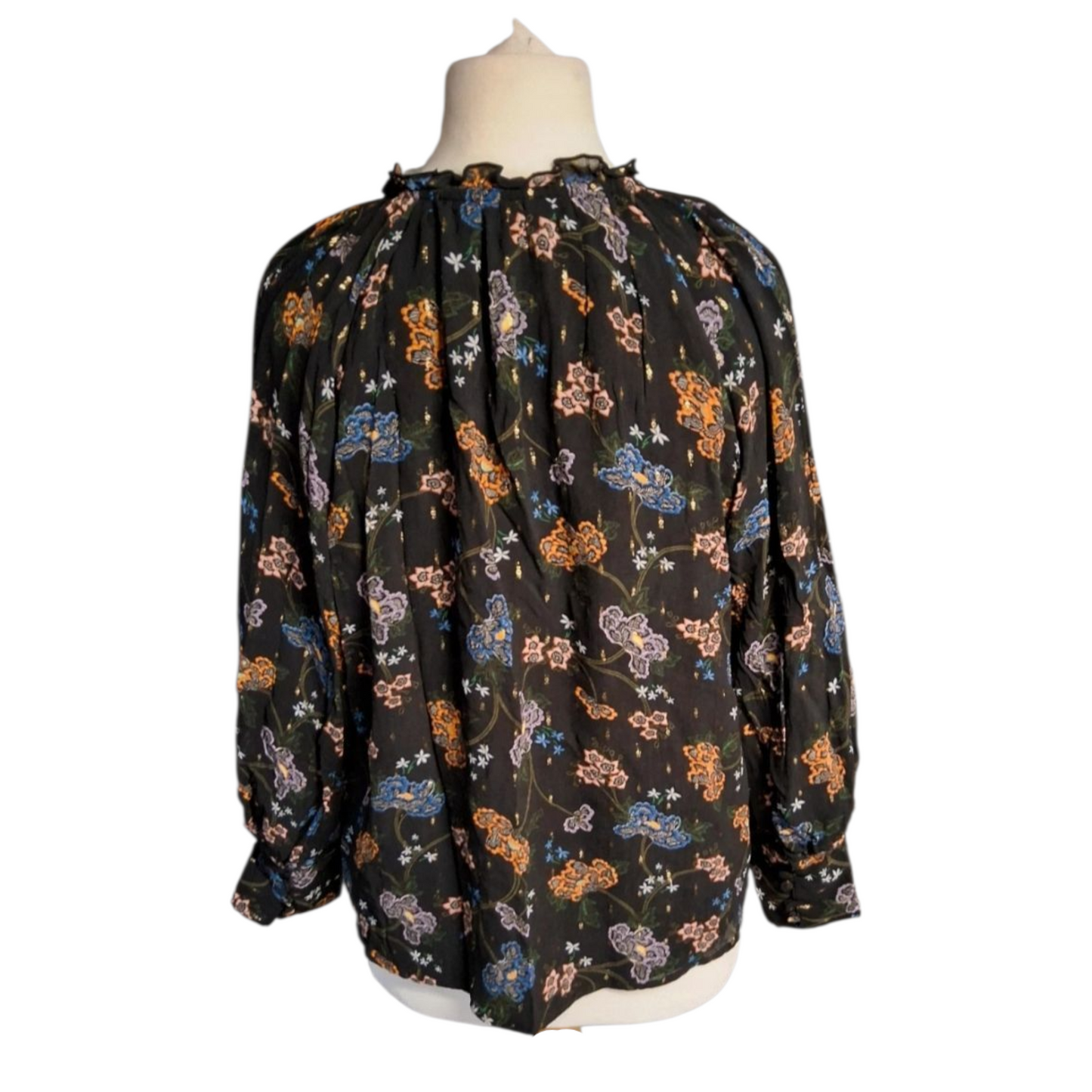 Per Una Black Floral Blouse – Size 14 – Autumn Colours, Glitter & Frill Collar