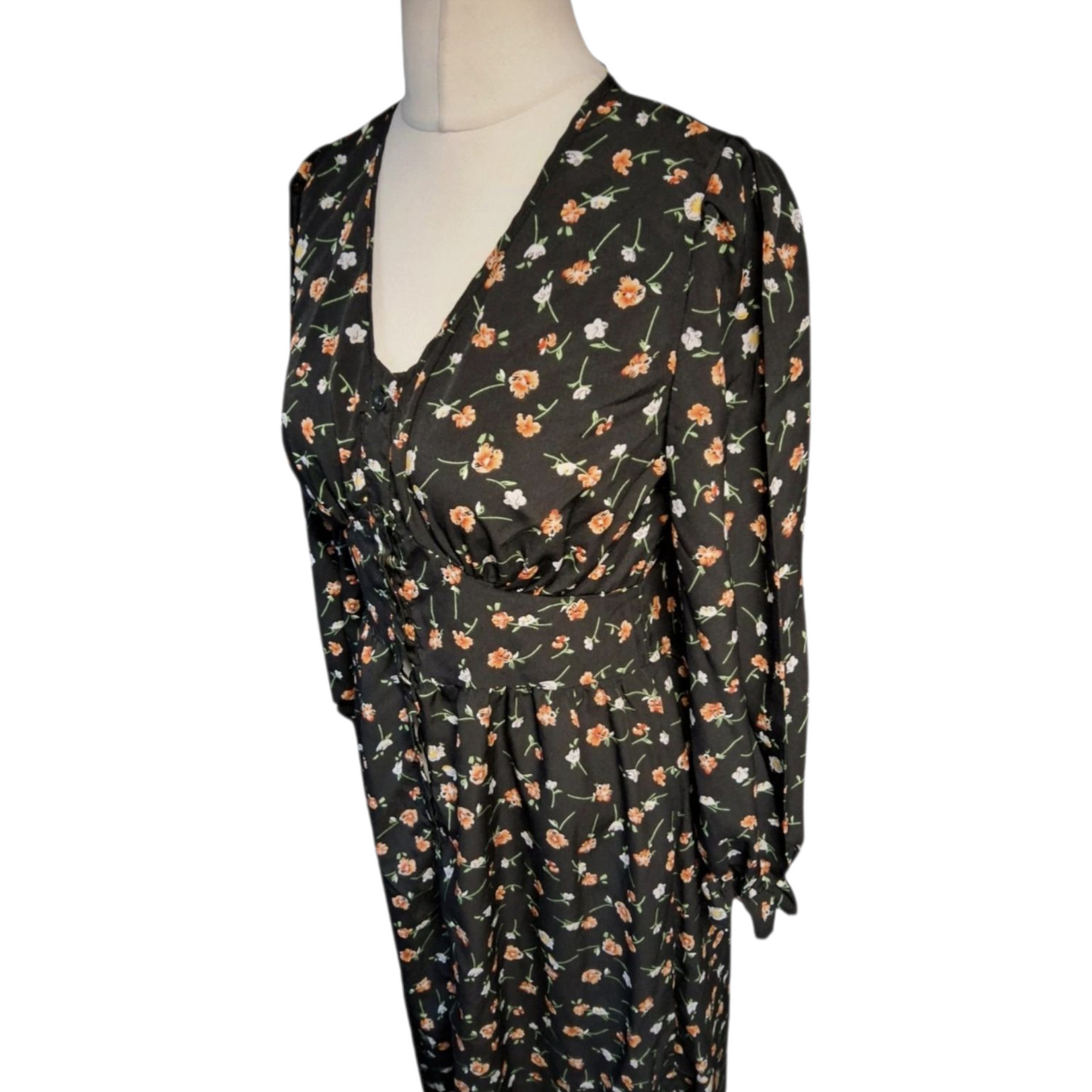 Shein Black Floral Midi Dress – Size M (UK size 10) – Button Front, Long Sleeves, Elastic Cuffs