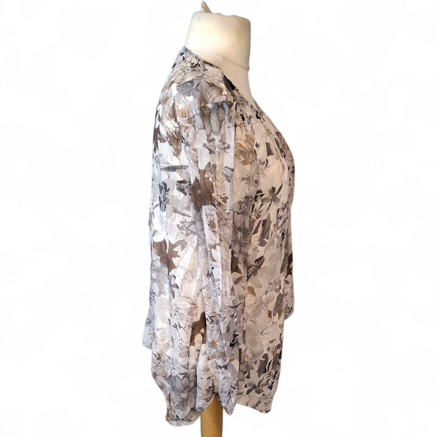 Wallis Grey & Brown Floral Blouse – Sheer Sleeves, Asymmetrical Hem, Size M (UK size 12/14)