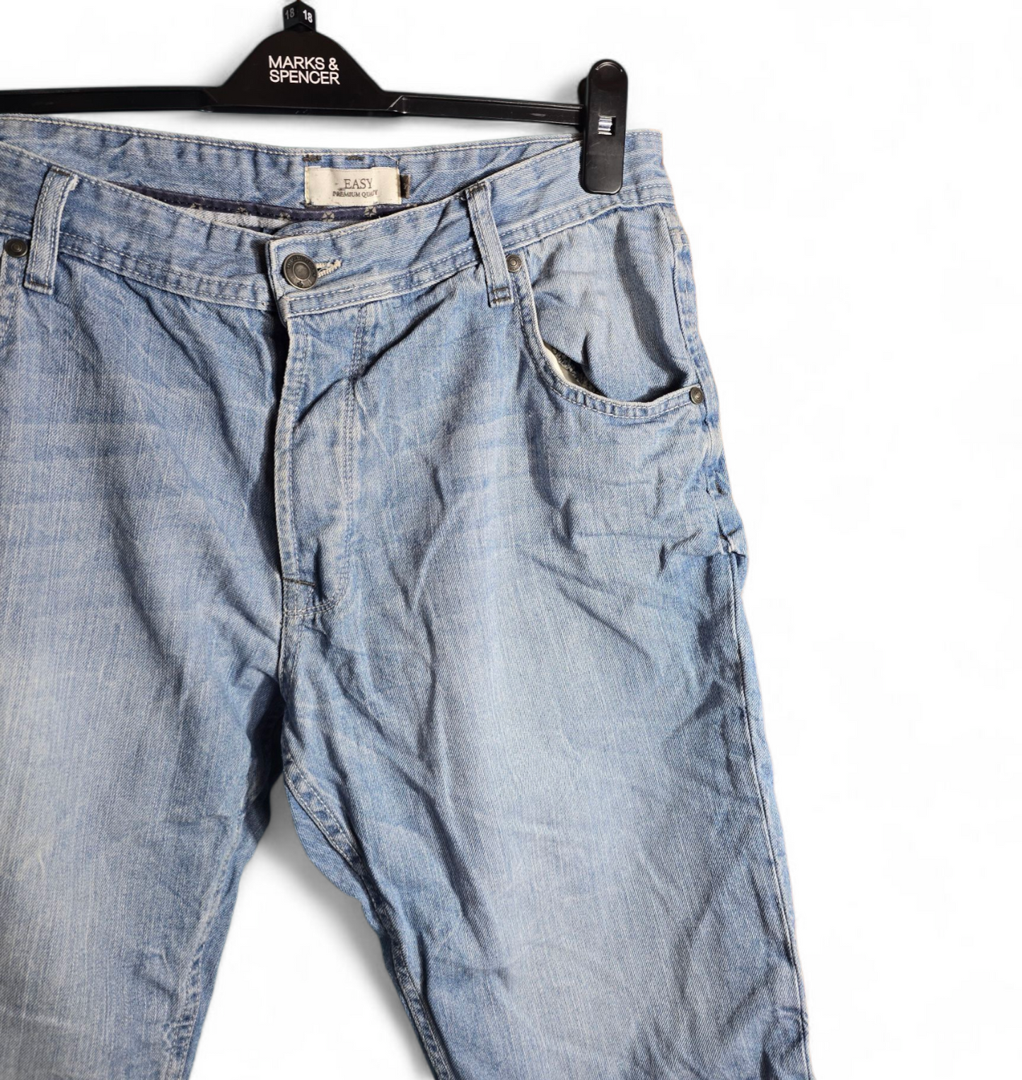 Men’s Easy Light Denim Blue Shorts 34” Waist – Knee Length, Front & Back Pockets, Casual Style