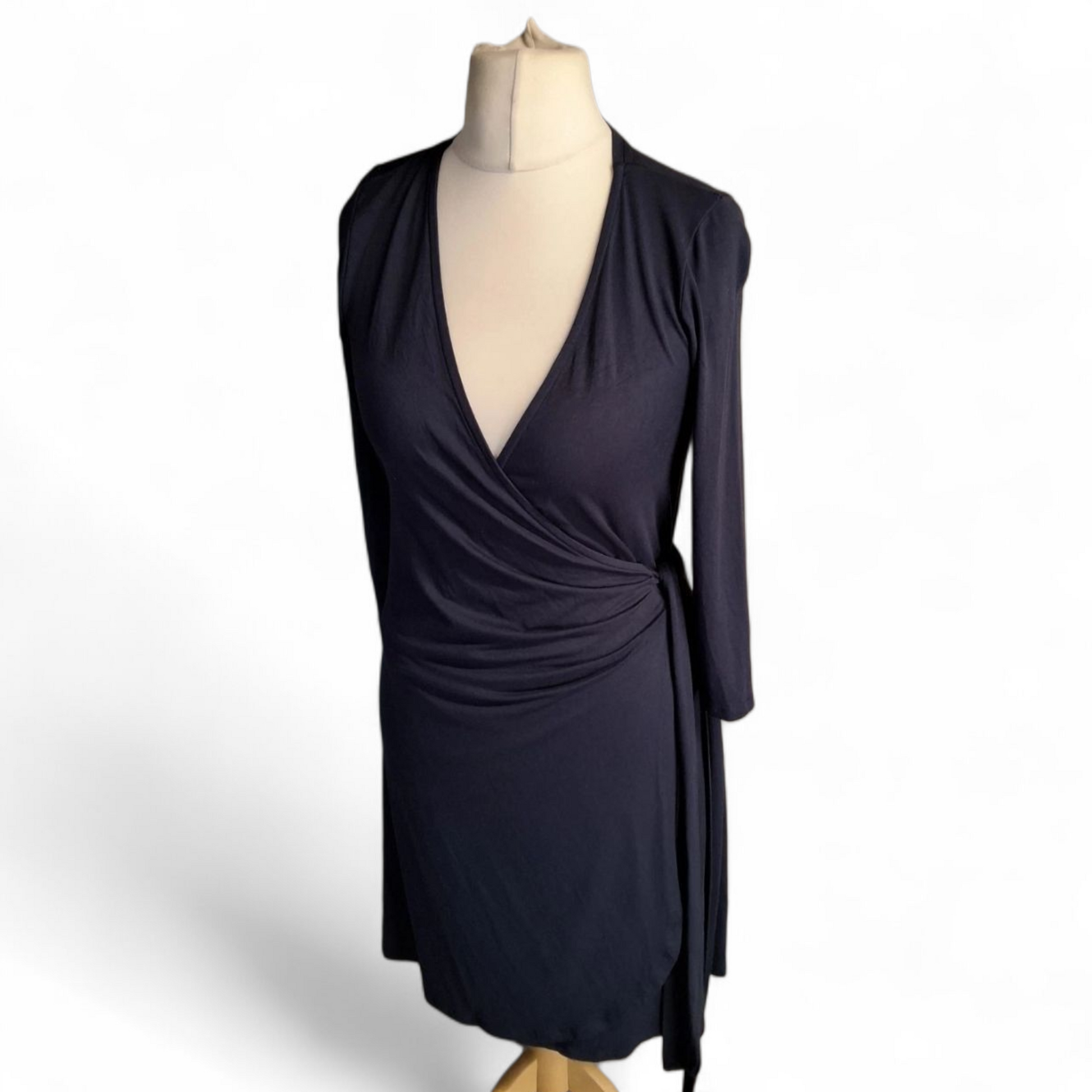 Mauvette Navy Wrap Bodycon Midi Dress – Size 10 – Viscose Chic