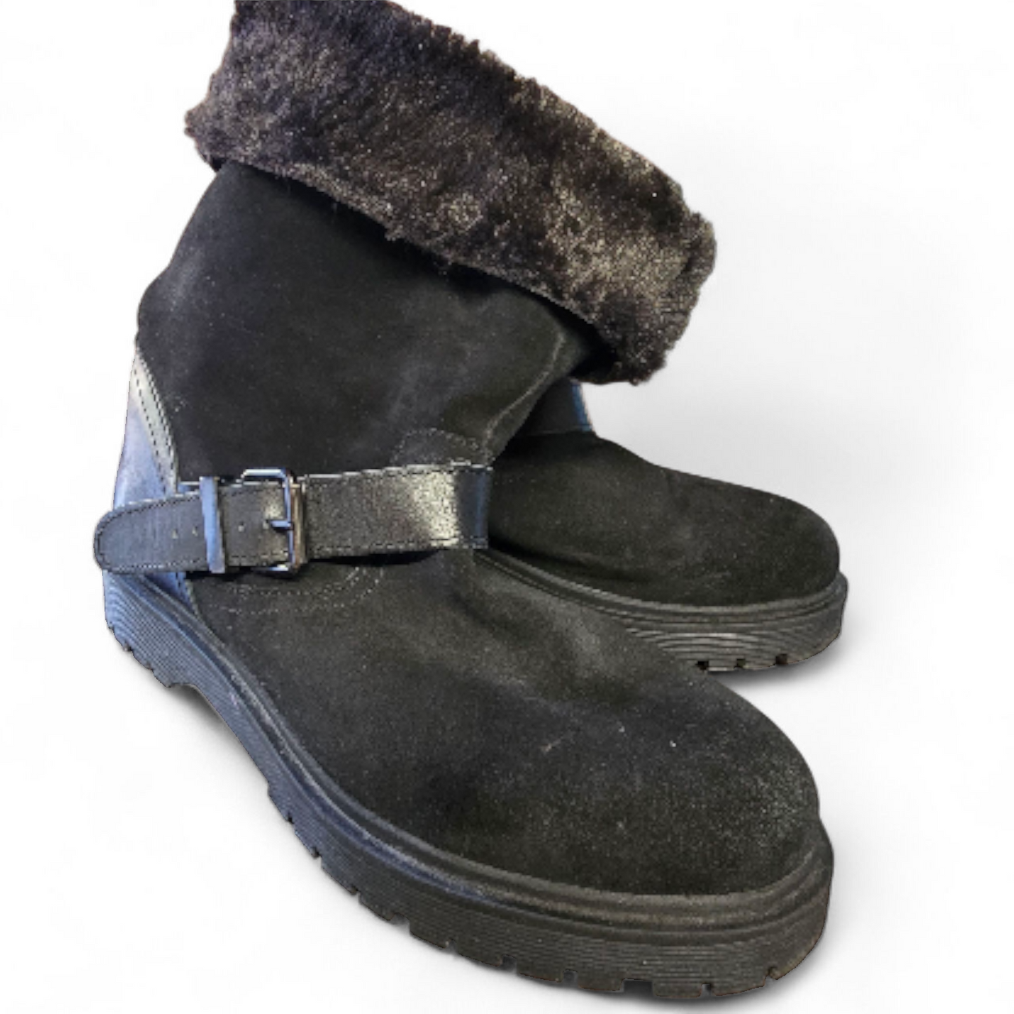 Next Black Faux Fur Ankle Boots – Size 7 – Leather & Suede Mix with Buckle Detail