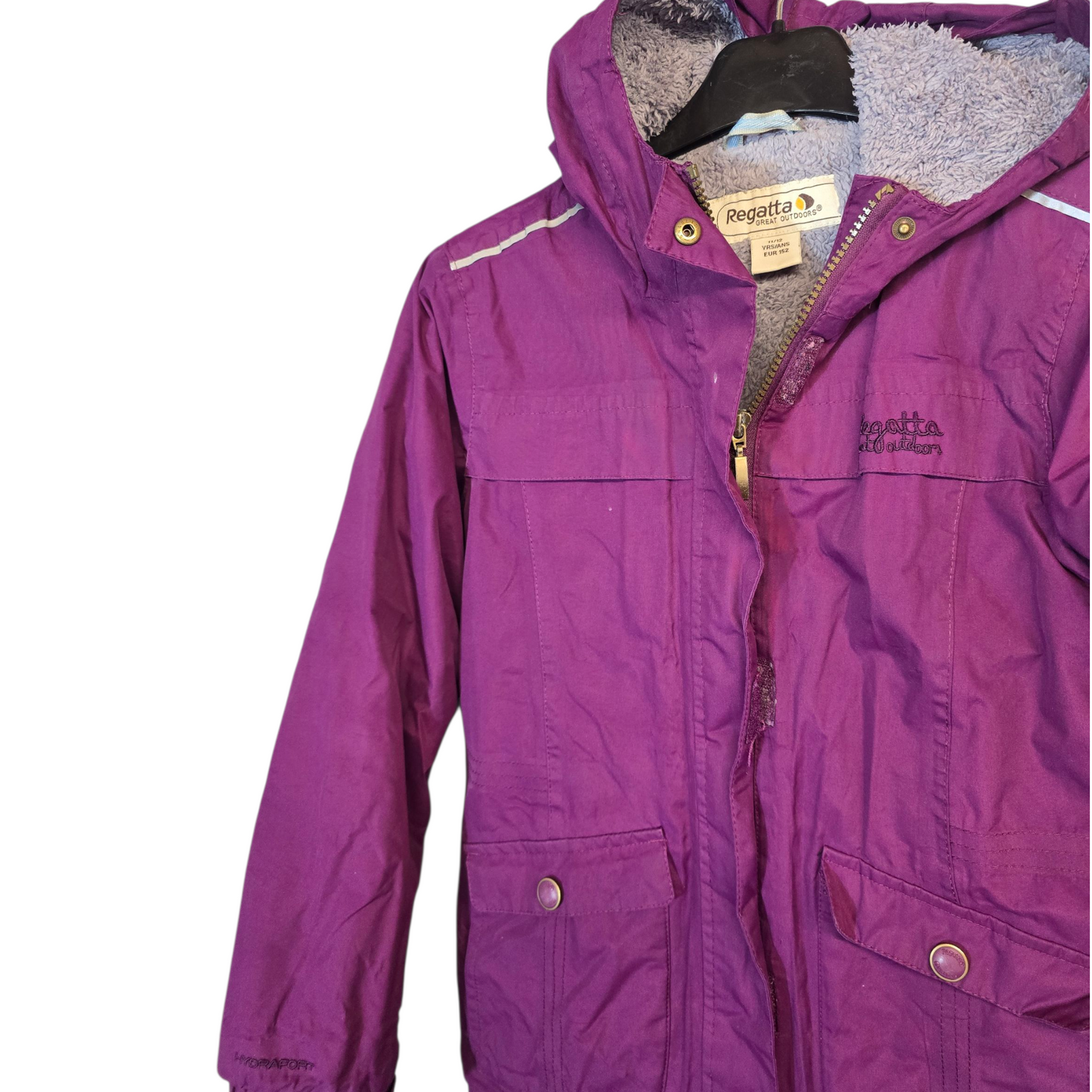 Regatta Girls Purple Coat – Fleece Hood – Zip & Velcro Close – Pockets – Size 11–12 Years