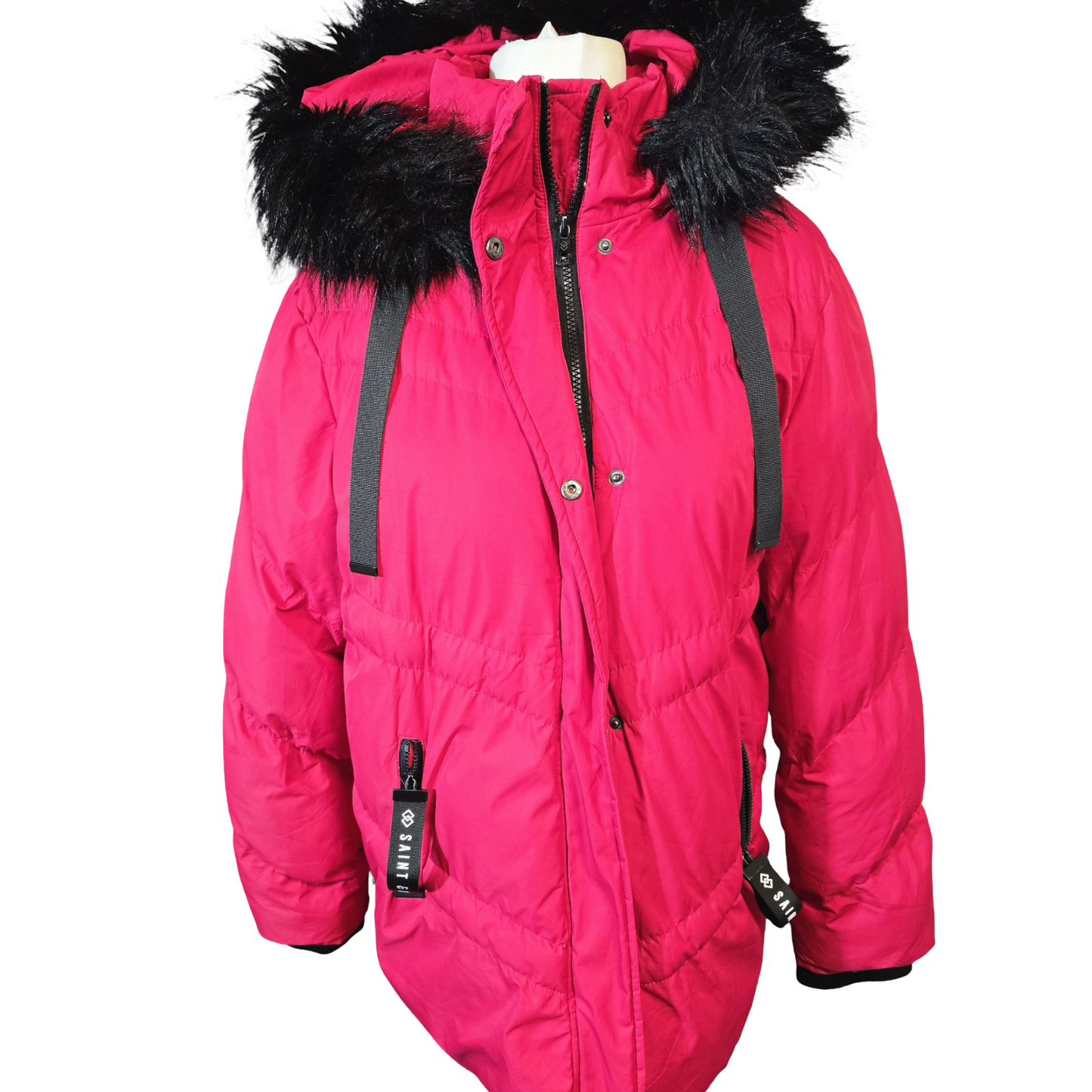 Saint & Sinner Red Puffer Midi Coat – Faux Fur Hood – Size 20