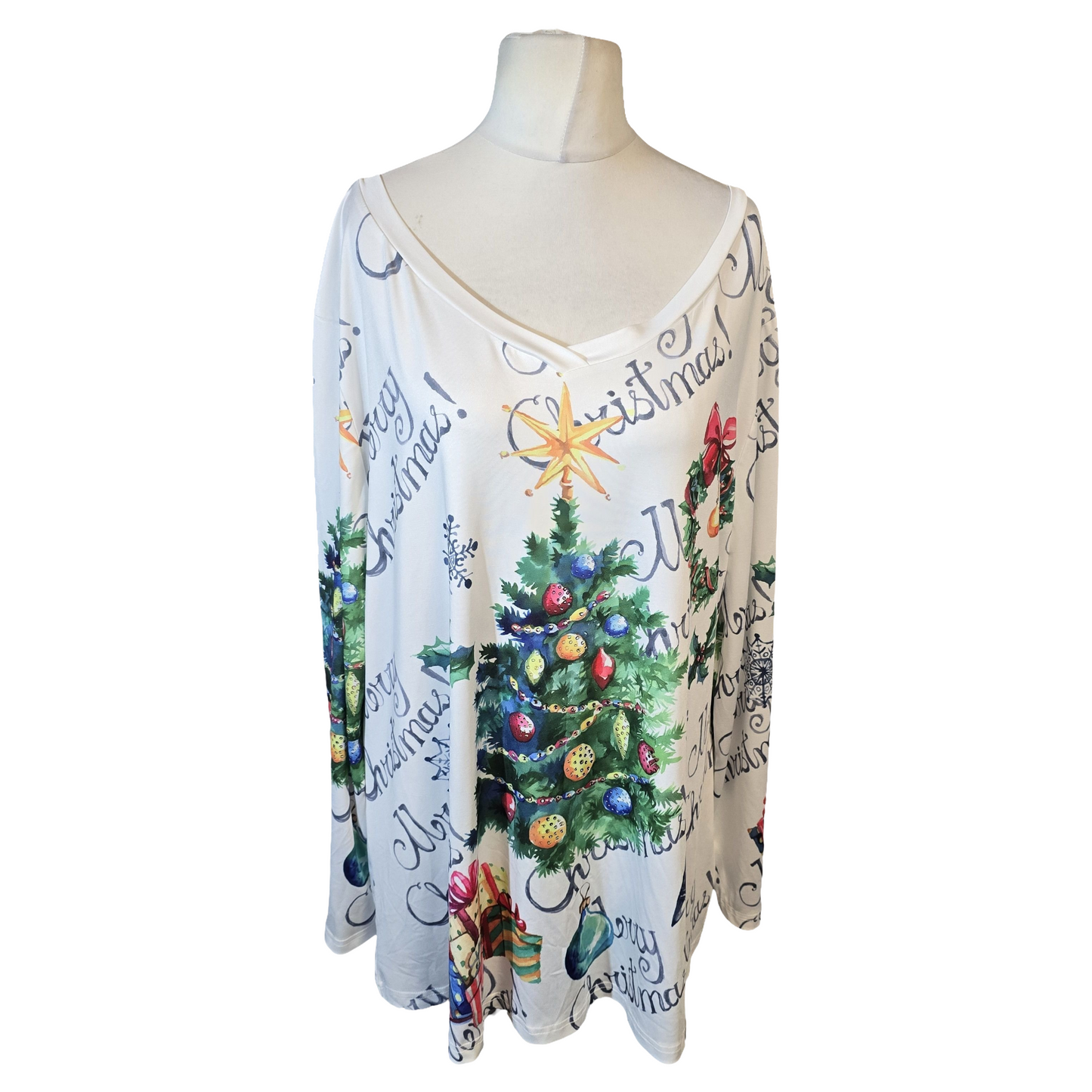 Christmas Tree & Wreath Print Long Sleeve T-Shirt – Size 4XL (Fits size 22/24)