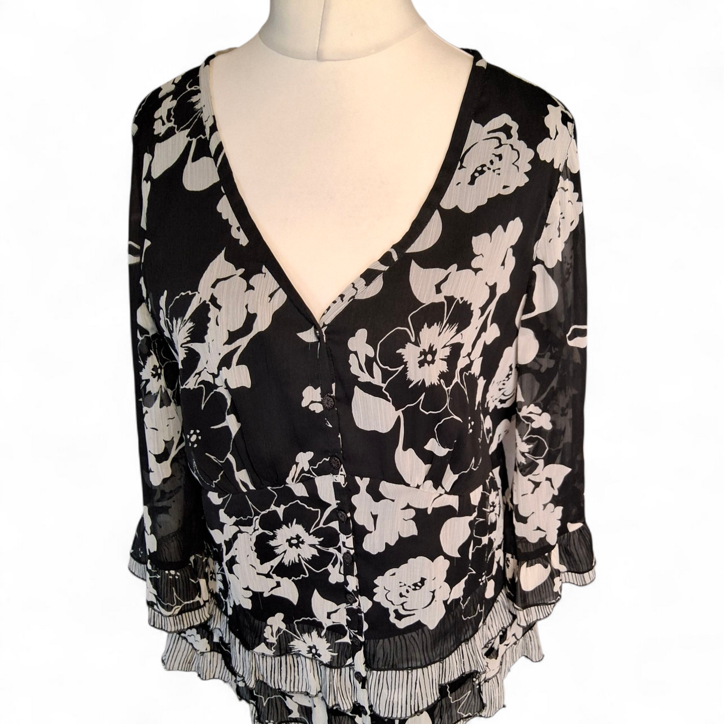 Per Una Black & White Floral Blouse – Size 16 – Sheer Sleeves & Frill Detail