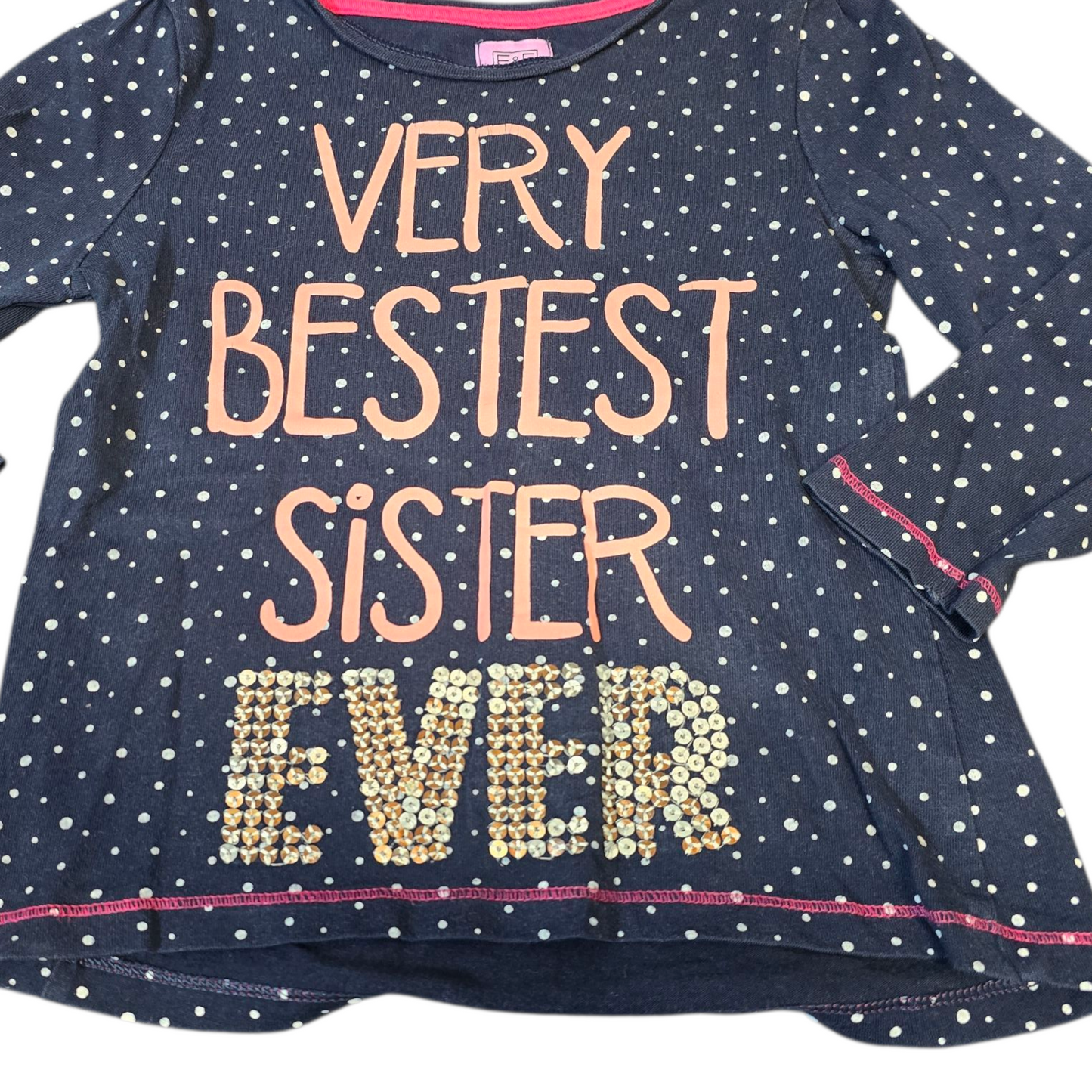 F&F Navy Polka Dot “Very Bestest Sister Ever” Top – Girls 2–3 Years