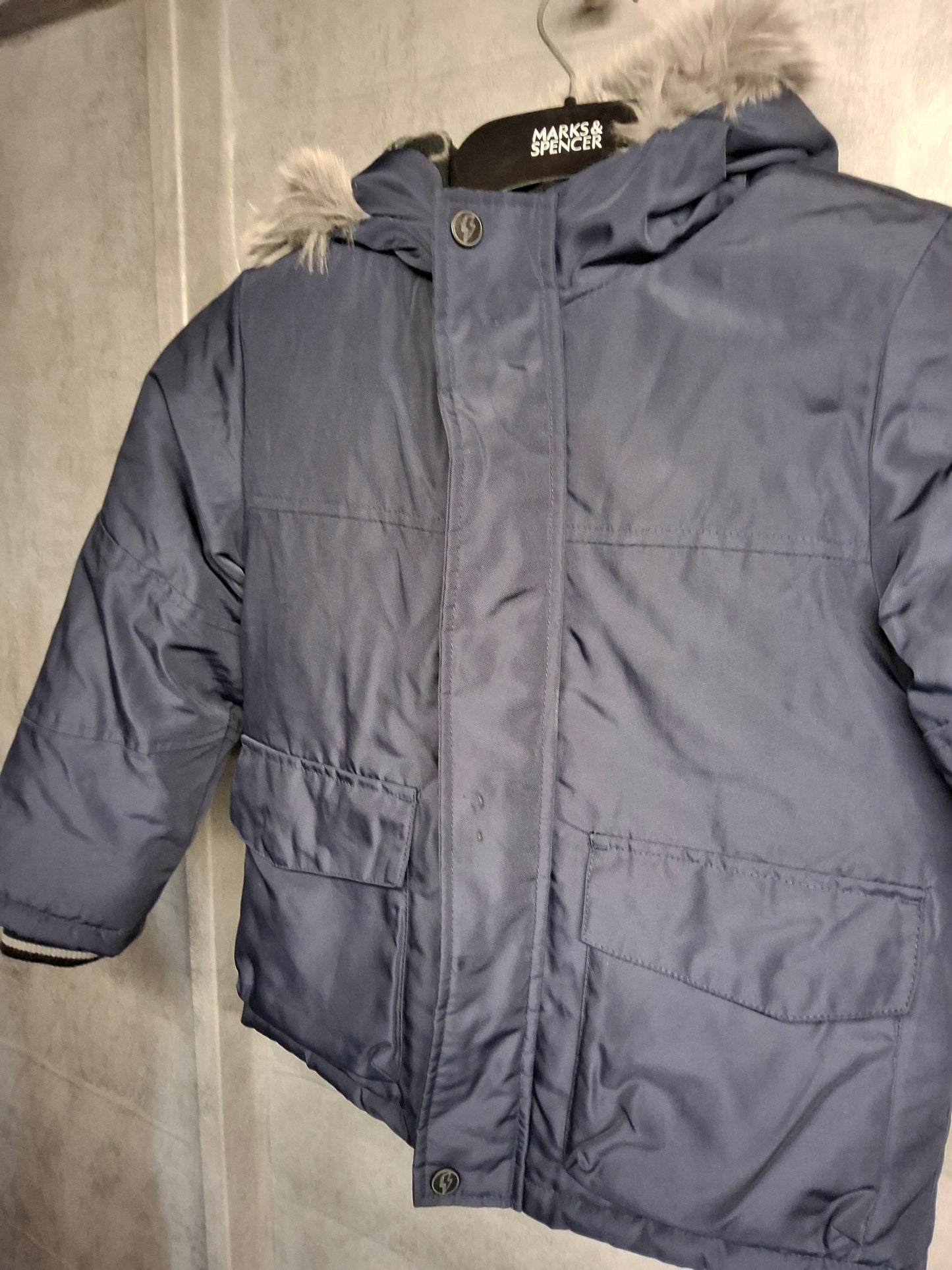 F&F Boys Navy Winter Coat – Faux Fur Hood, Age 5–6yrs
