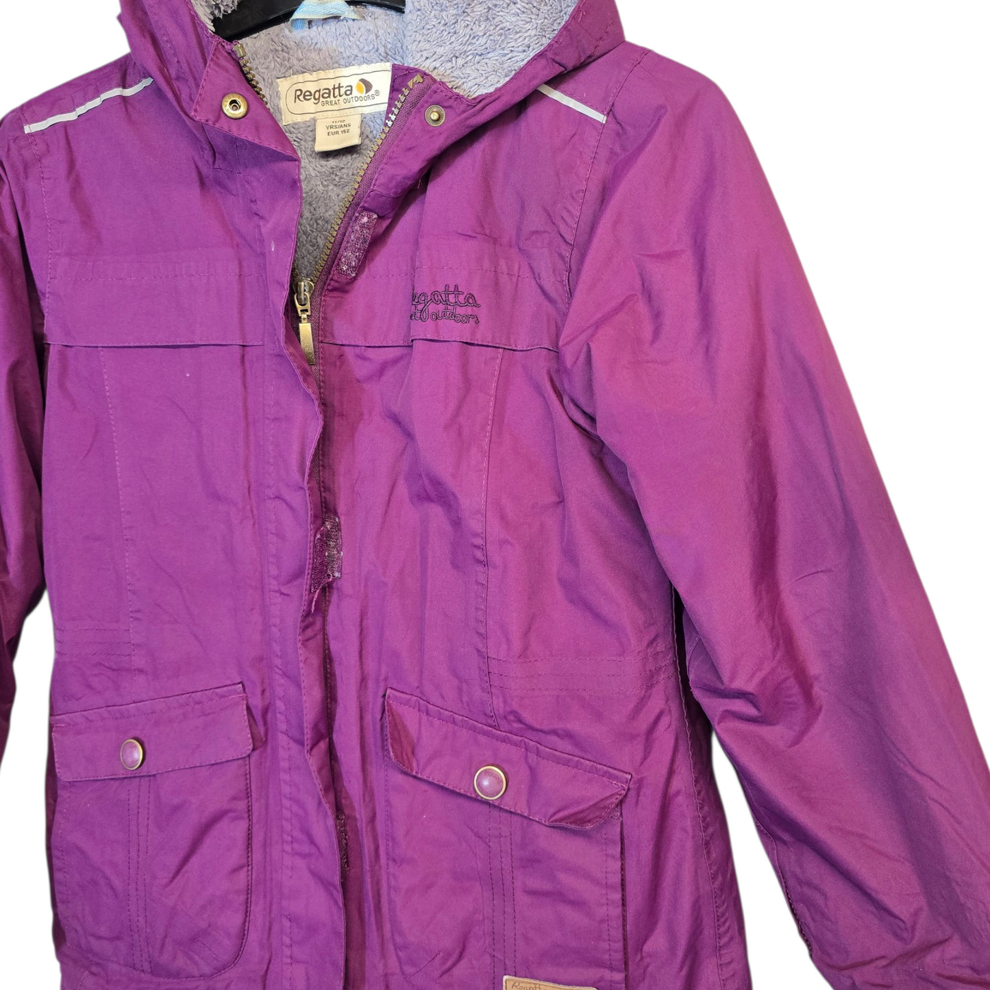 Regatta Girls Purple Coat – Fleece Hood – Zip & Velcro Close – Pockets – Size 11–12 Years