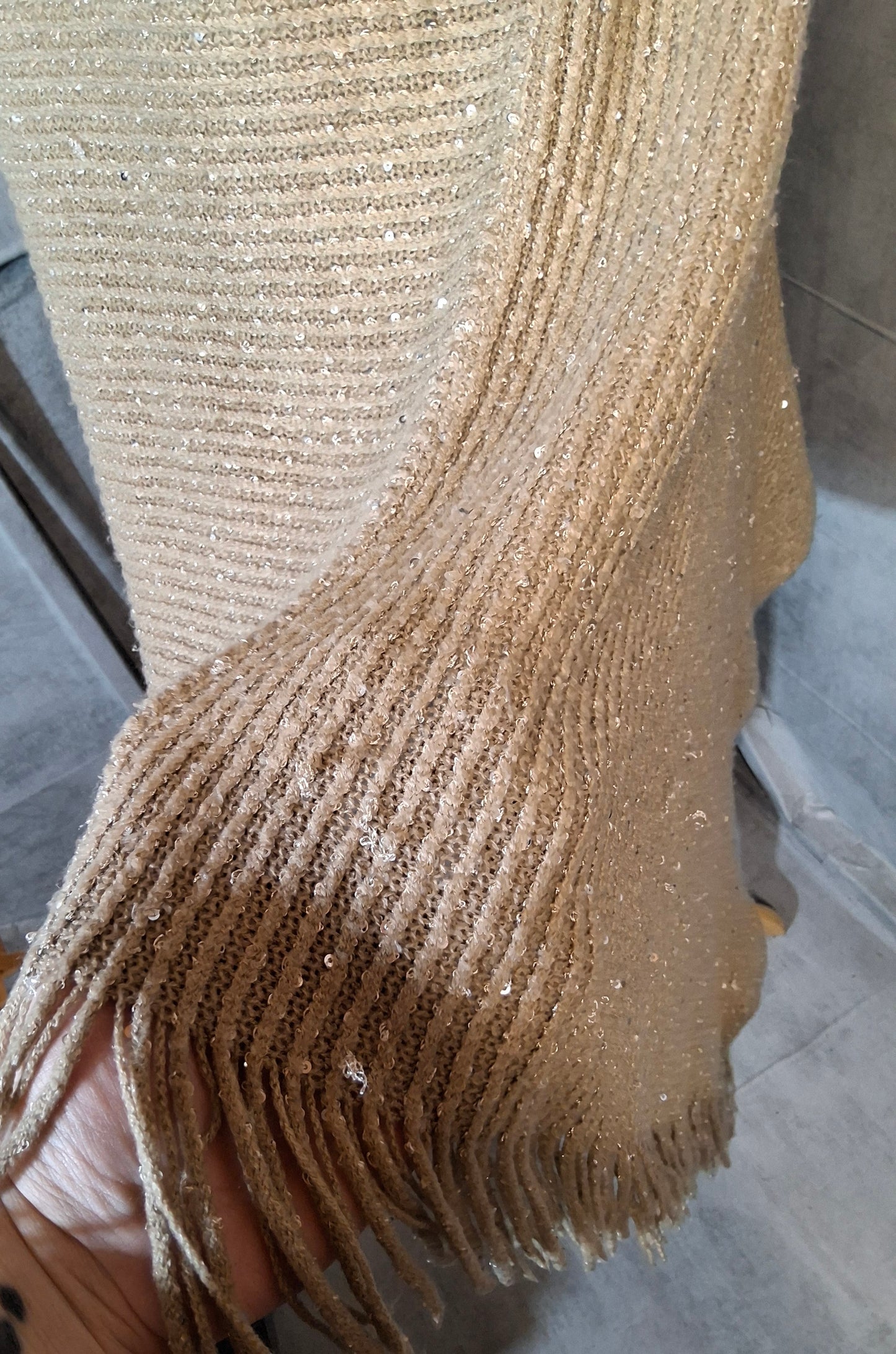 Beige Knitted Sequin Poncho with Tassel Trim – One Size (Fits size 12–18)