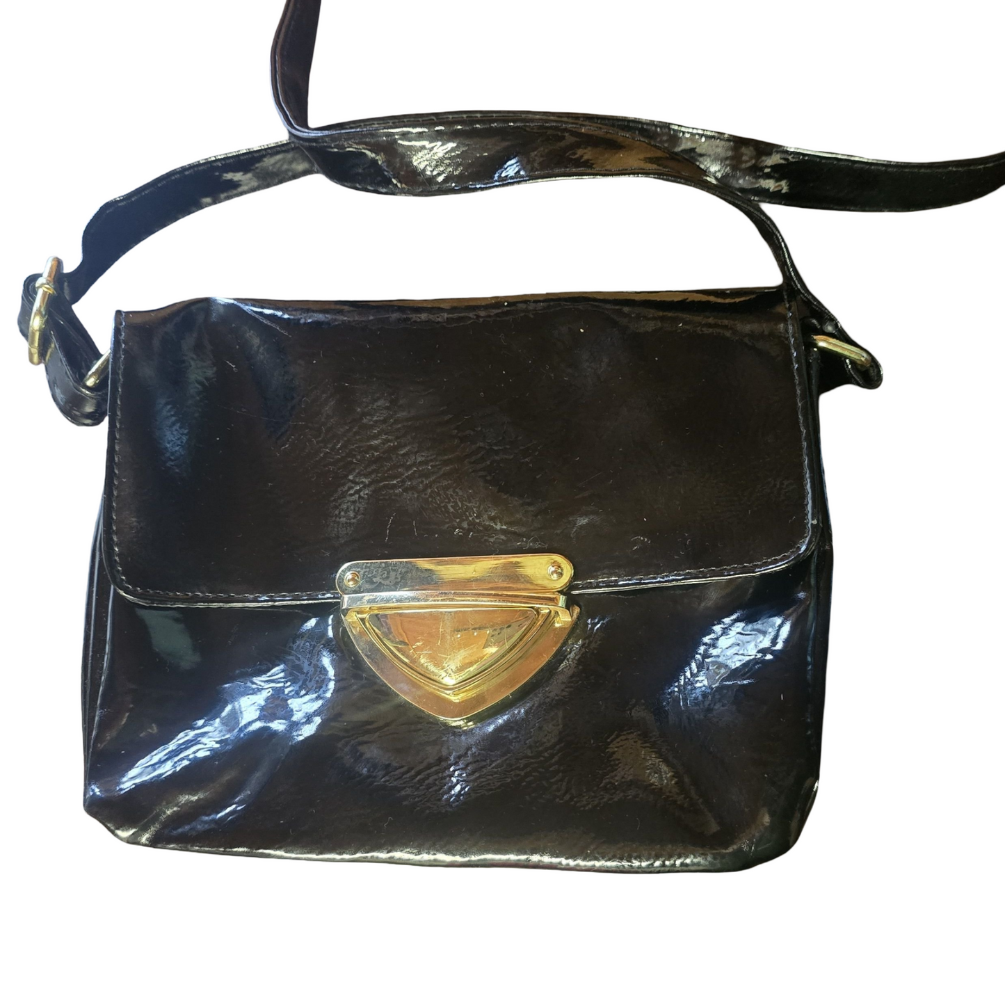 F&F Black Patent Crossbody Bag – Adjustable Strap & Clasp Shut