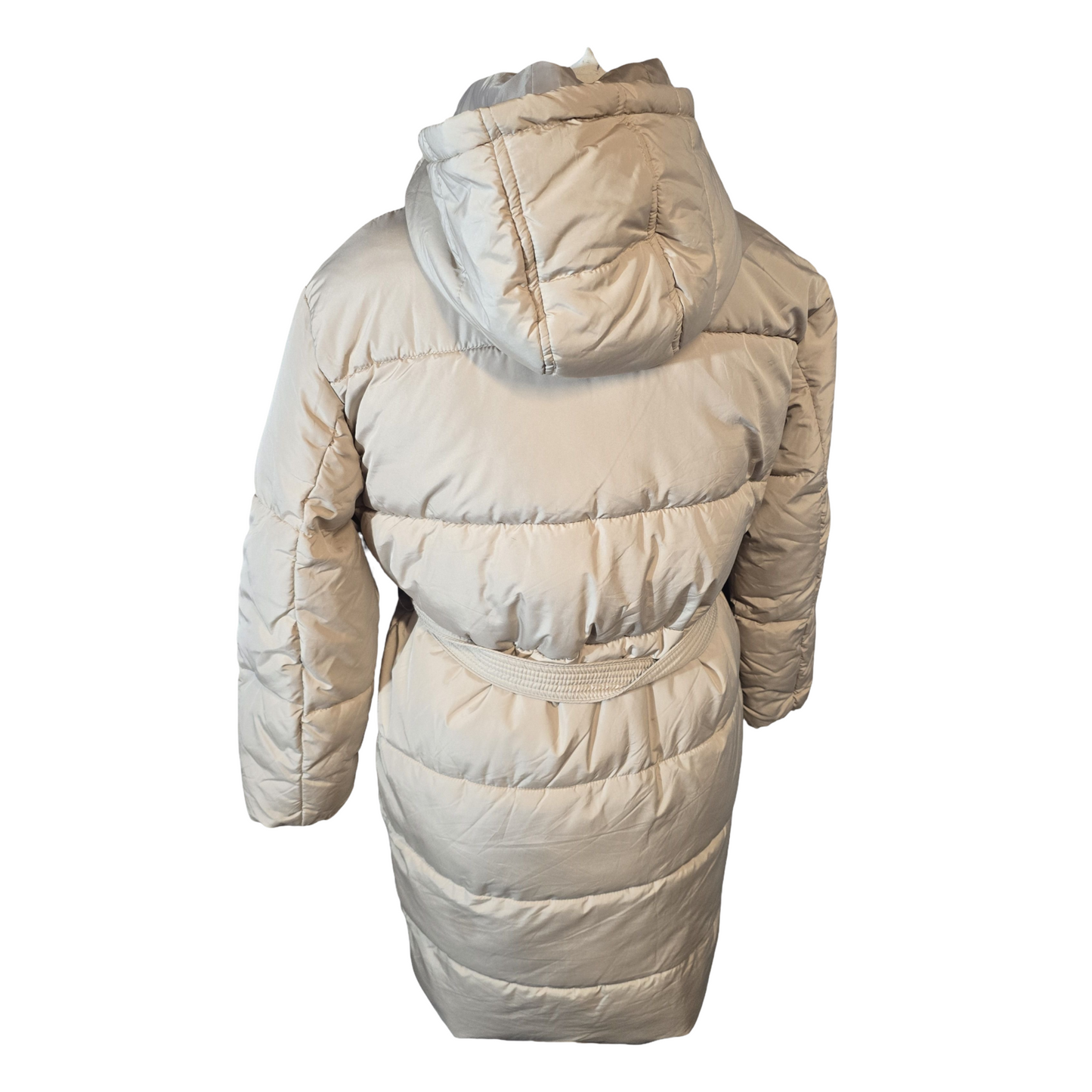 New Look Petite Cream Puffer Midi Coat – Belted, Hooded – Size 8