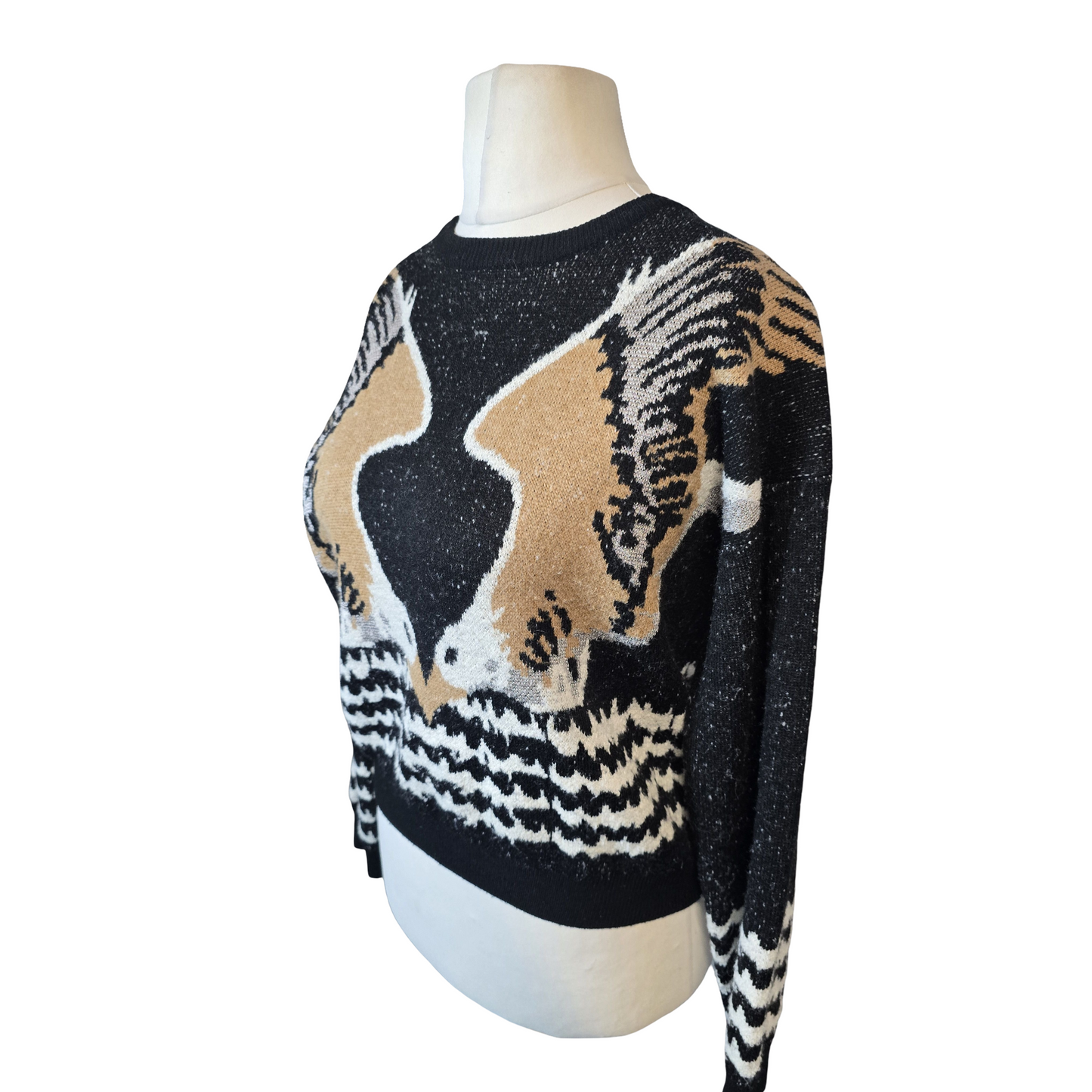 Zara Black & White Bird Knit Jumper – UK size 10 – Relaxed Fit