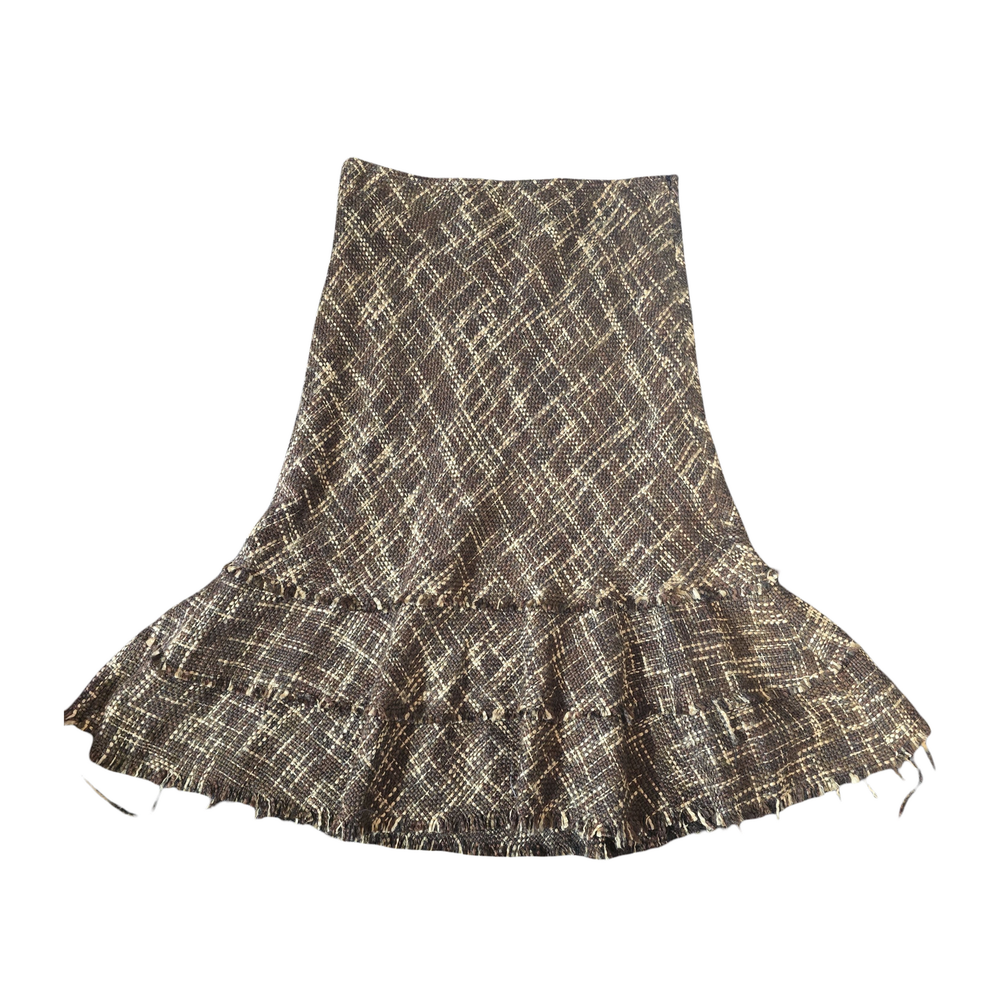 JFW Brown Knitted Midi Skirt – Frayed Hem & Flared Style – Size 14 (Fits size 12/14)