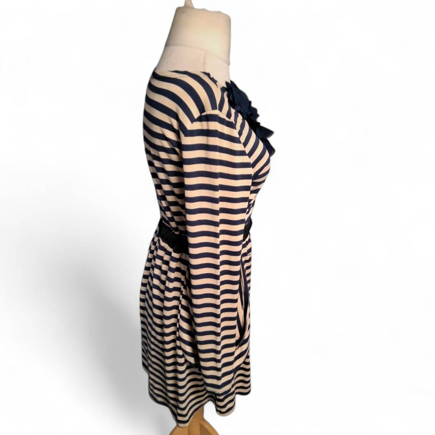 Max C Navy & Cream Striped Long Sleeve Dress – Size 12 – Pockets & Elastic Waist