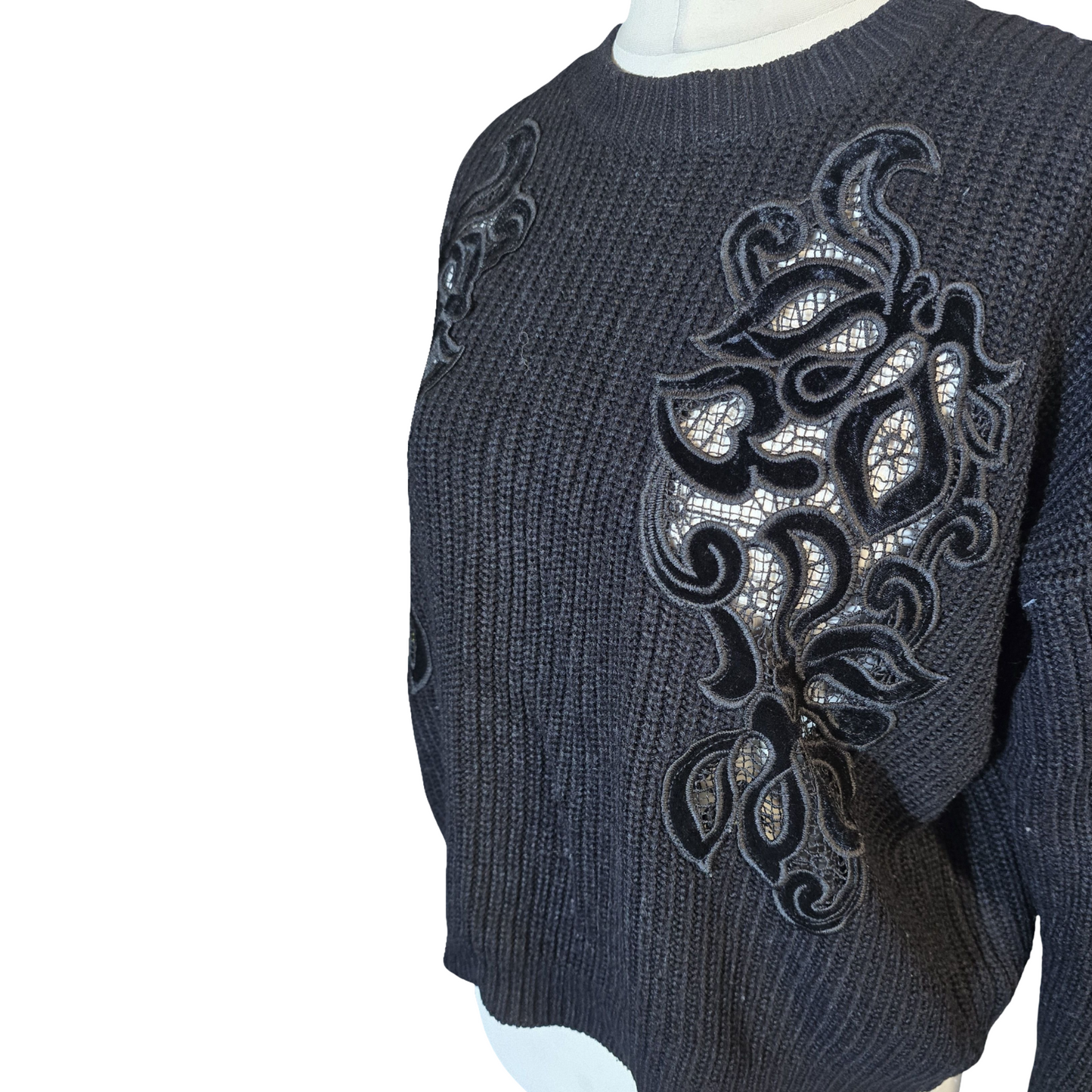 New Look Black Oversized Knit Jumper – Sheer Floral Front – Size S (UK size 8/10)