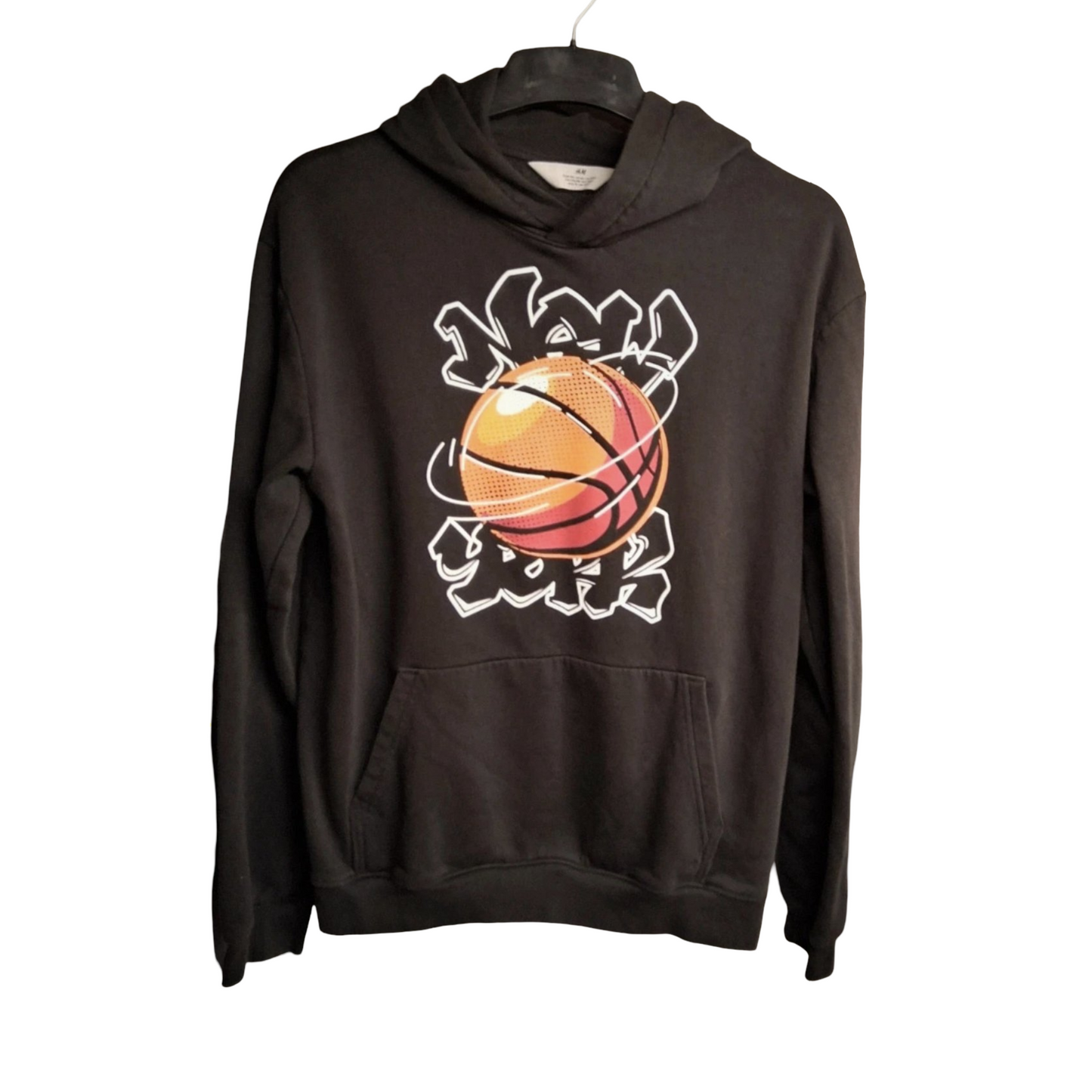H&M Boys Black Hoodie – Age 14 Years – New York Basketball Print & Front Pocket