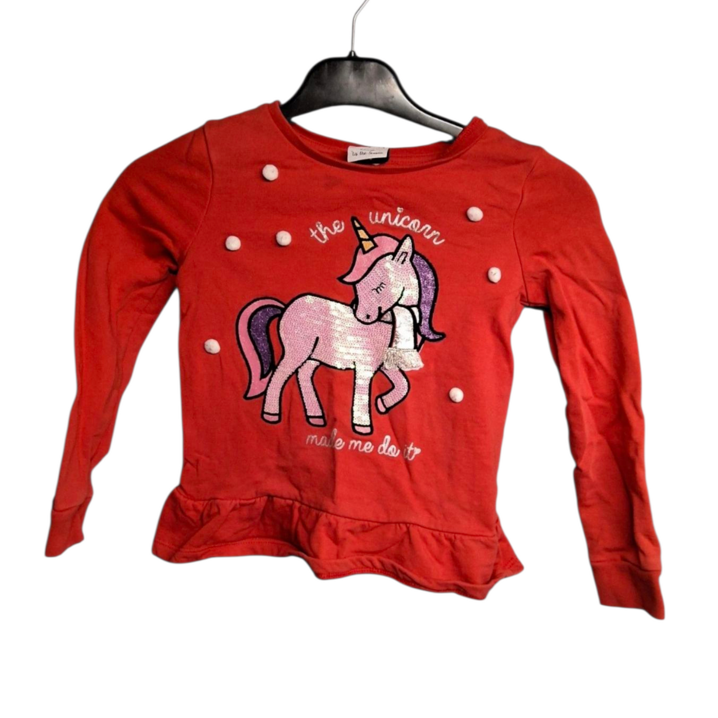 George Girls’ Unicorn Christmas Jumper – Red Peplum Sweatshirt – Age 5–6 Years