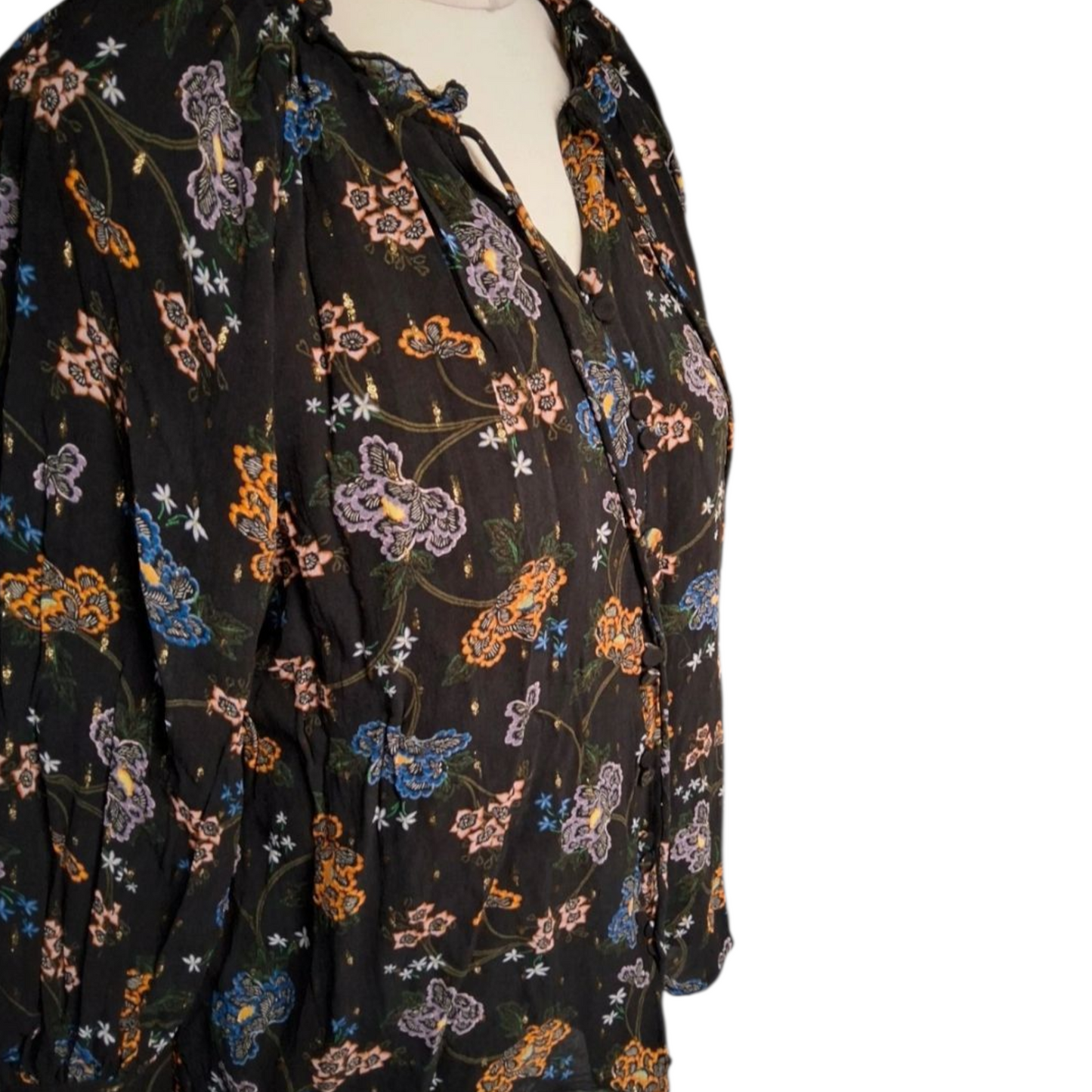 Per Una Black Floral Blouse – Size 14 – Autumn Colours, Glitter & Frill Collar