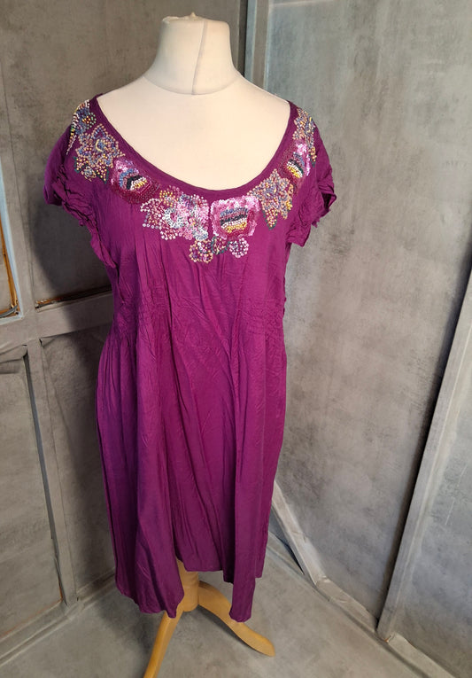 New Look Purple A-Line Dress | Size 16 UK | Beaded Front, Frill Sleeves, Tie Back