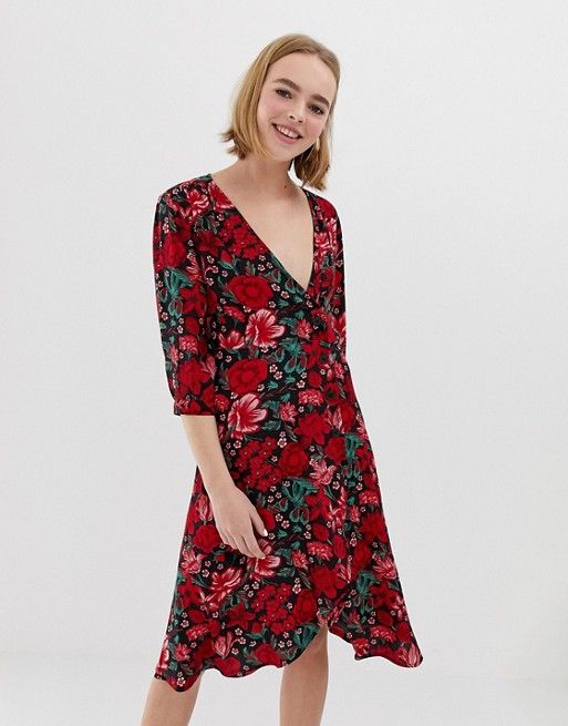 Monki Red Floral Wrap Style Dress – 3/4 Sleeve, Knee to Midi Length – UK 10