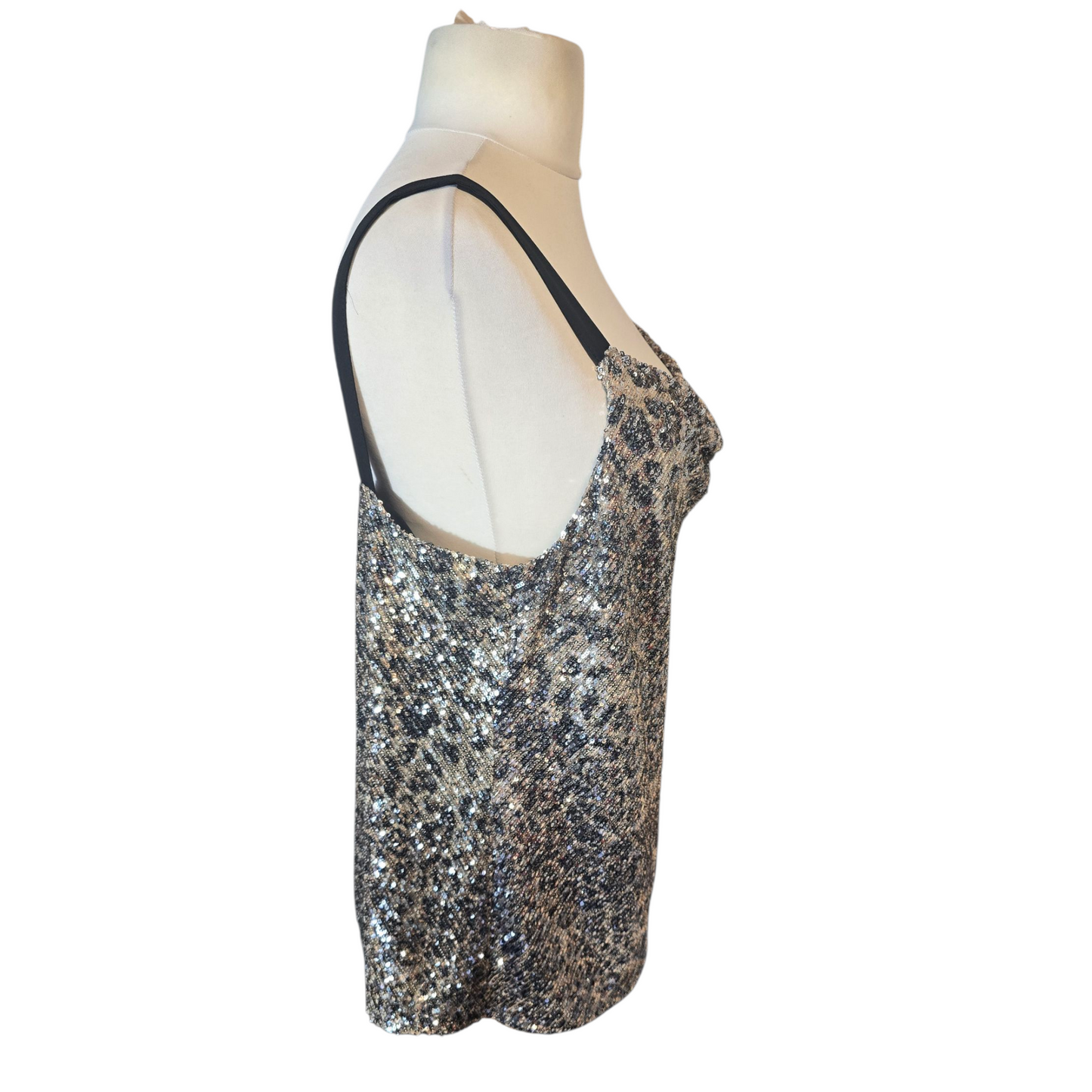 M&Co Boutique Animal Print Sequin Top – Size 18 – Beige/Brown Cowl Neck Party Camisole