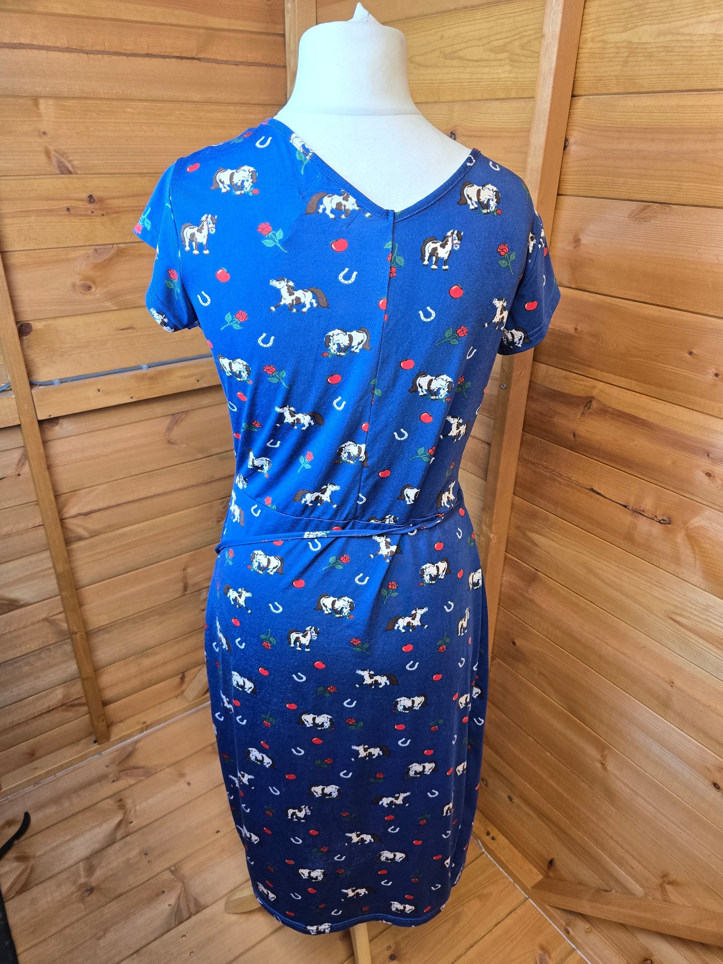 Lindy Bop Blue Print Wrap Dress Size 12 – V-Neck, Midi, Stretchy, Horse & Cherry Rose Design