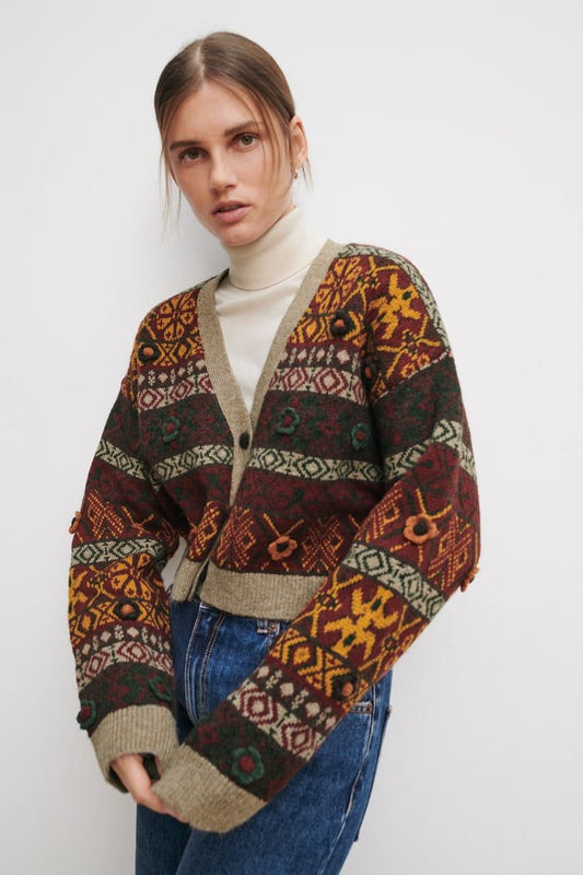 Zara Multicolour Fair Isle Knit Cropped Cardigan – Size M/L (UK size 10-14)